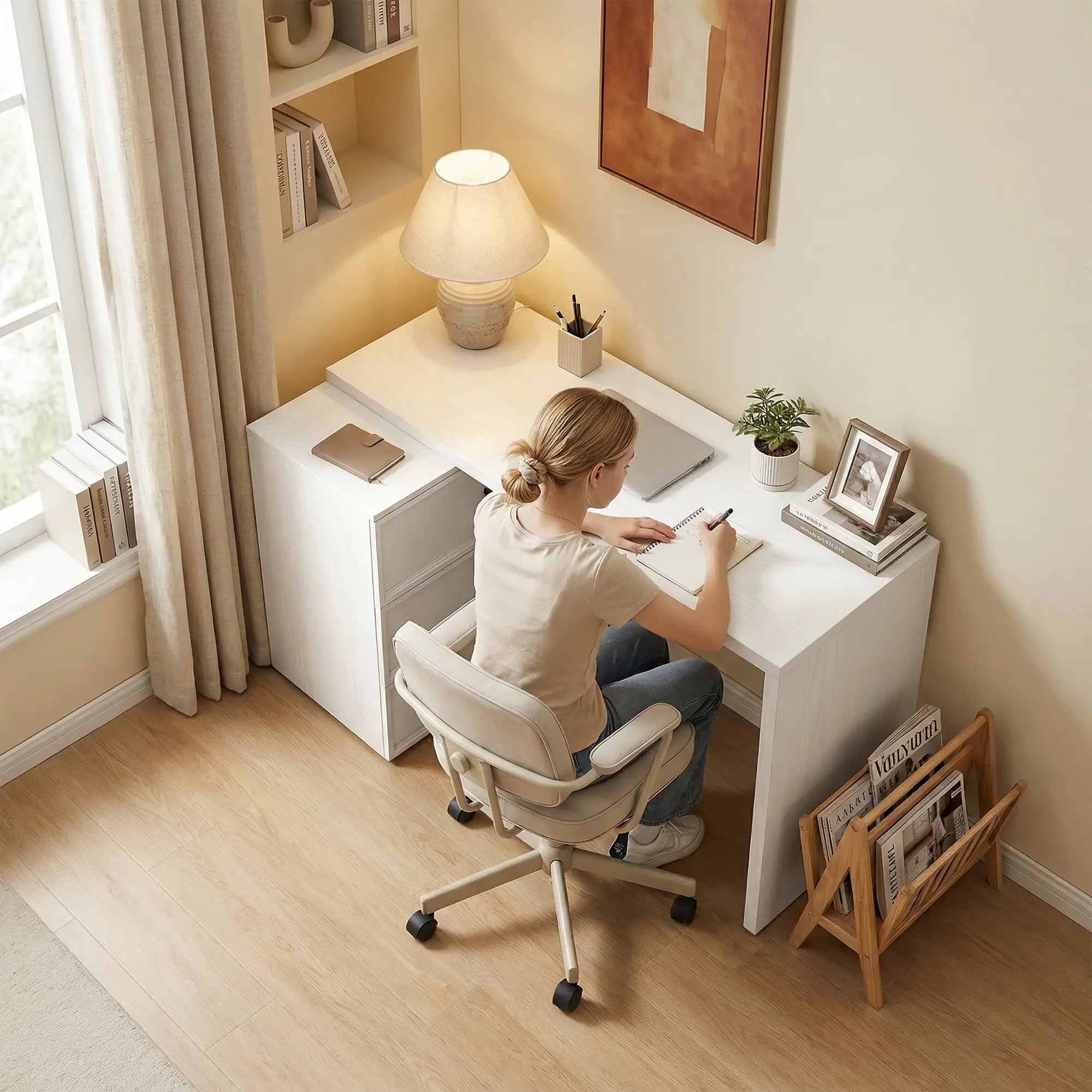 L Shaped Computer Desk, 3 Drawers, White Wood Grain, White Computer Desks at Gallery Canada