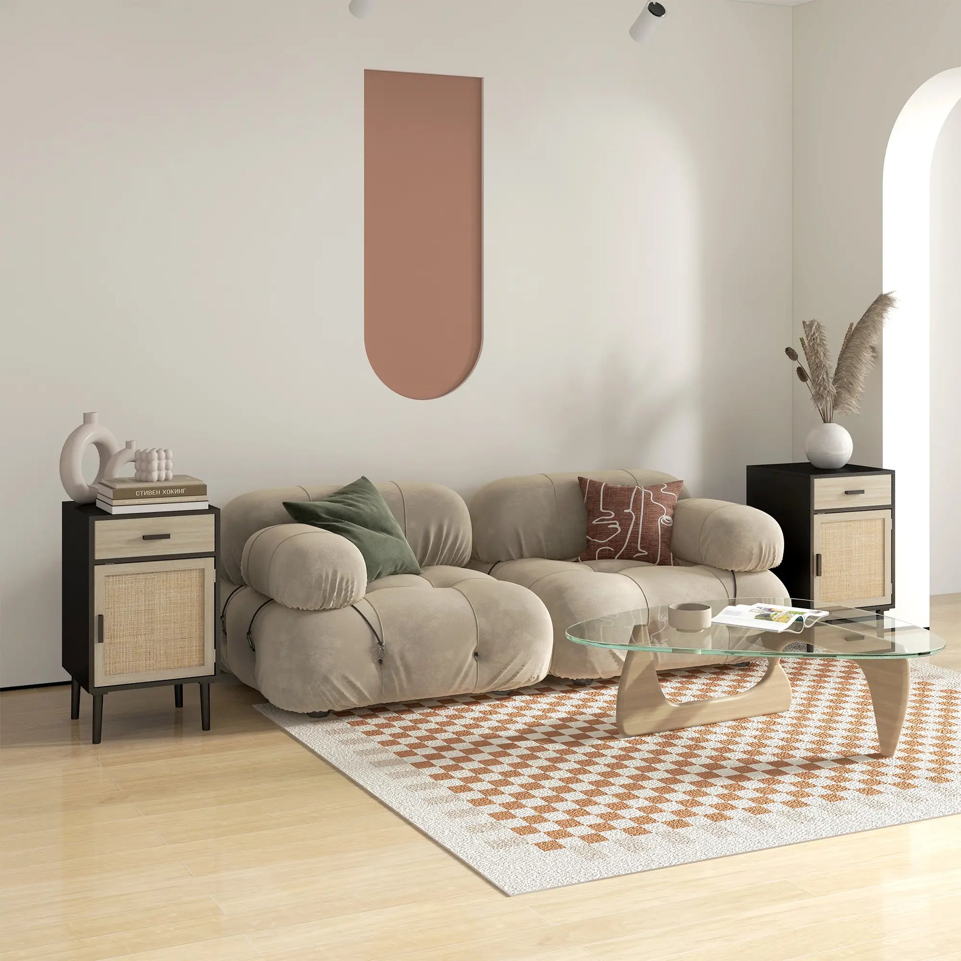 Boho Bedside Tables Set of 2, Nightstands with Drawer, Rattan Cabinet, Black Bedside Tables at Gallery Canada