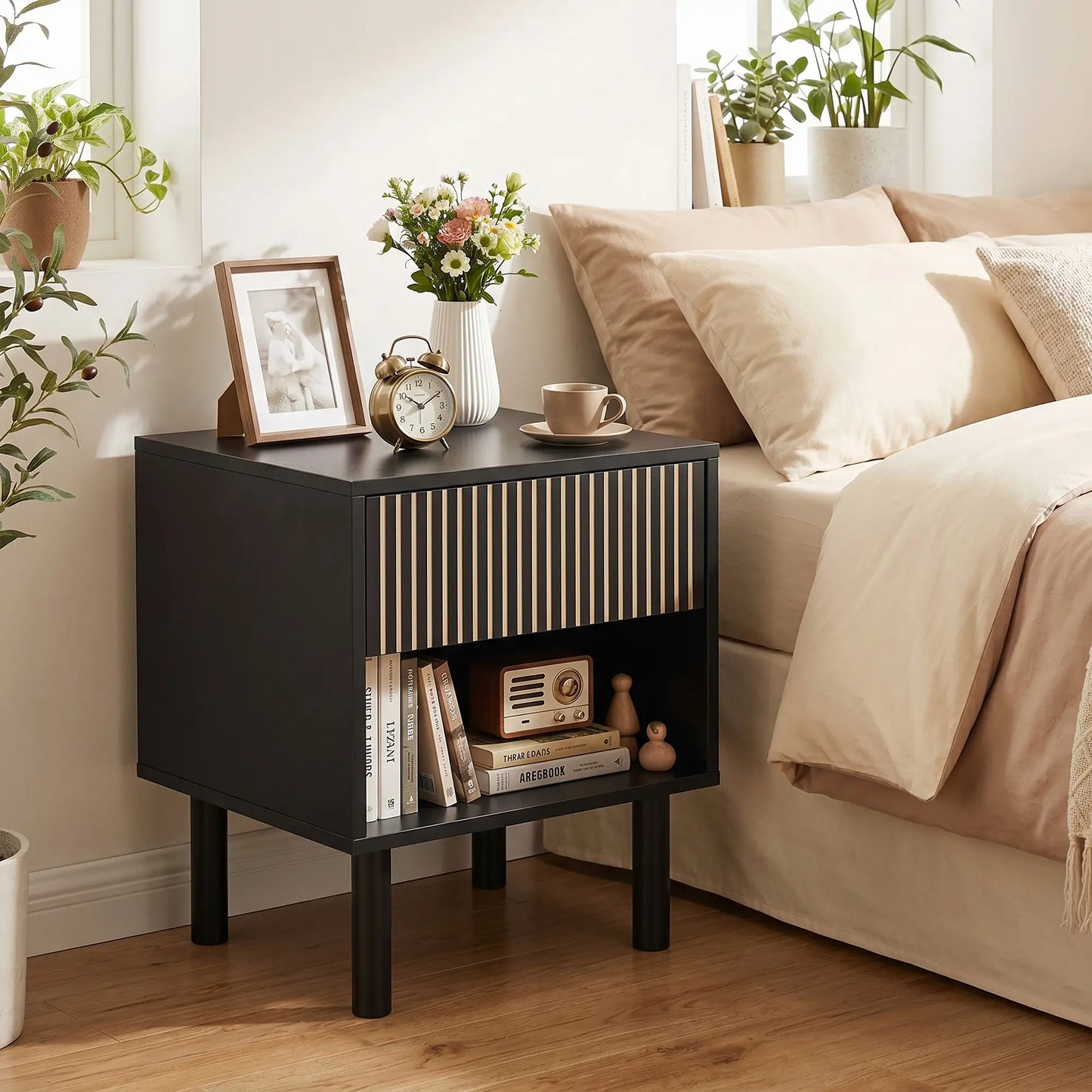 Modern Bedside Table with Drawer and Open Shelf, Sofa Side Table for Bedroom Living Room, Black Bedside Tables at Gallery Canada