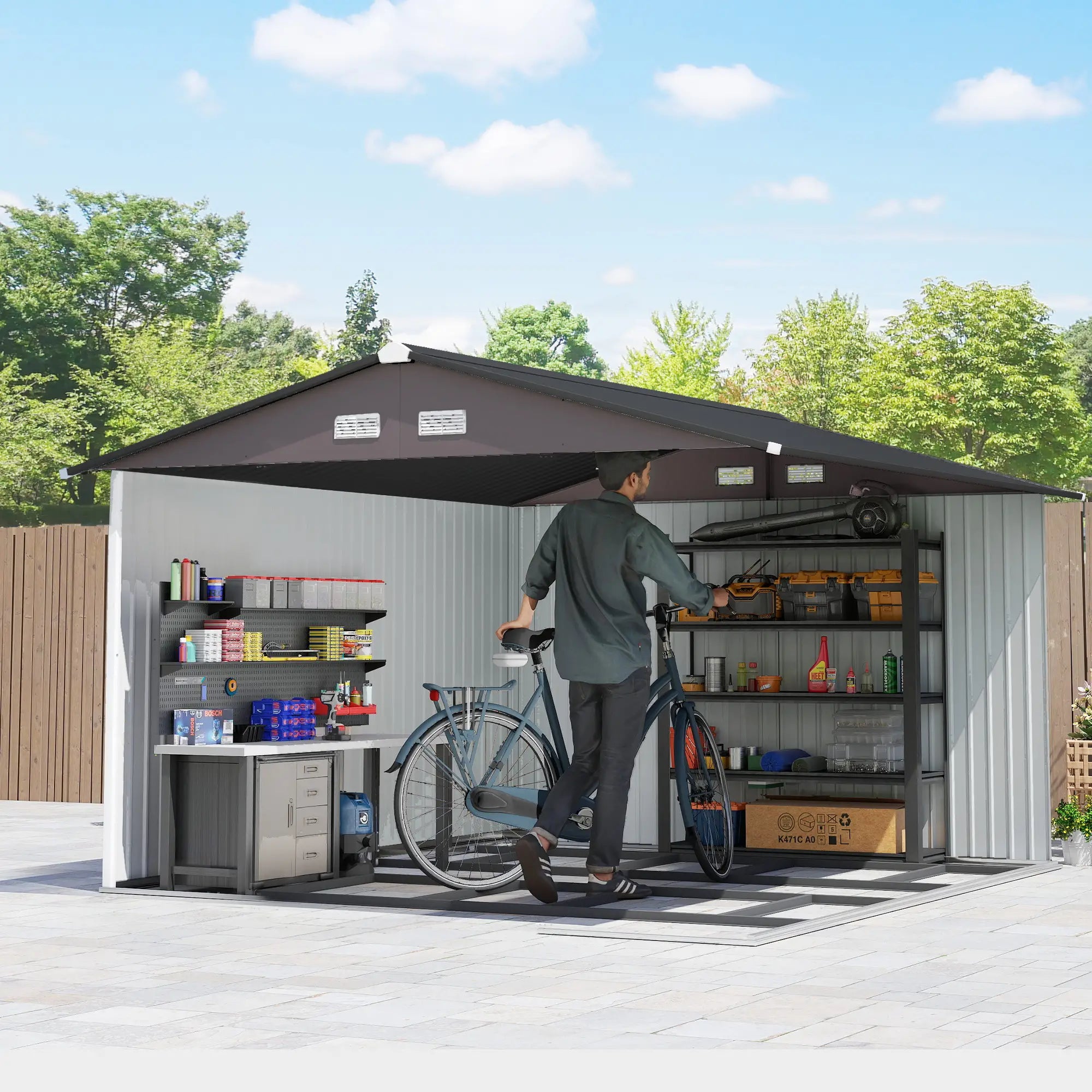 9' x 10.6' Garden Storage Shed, Foundation Kit, Metal Tool House, Double Doors, Brown Sheds at Gallery Canada