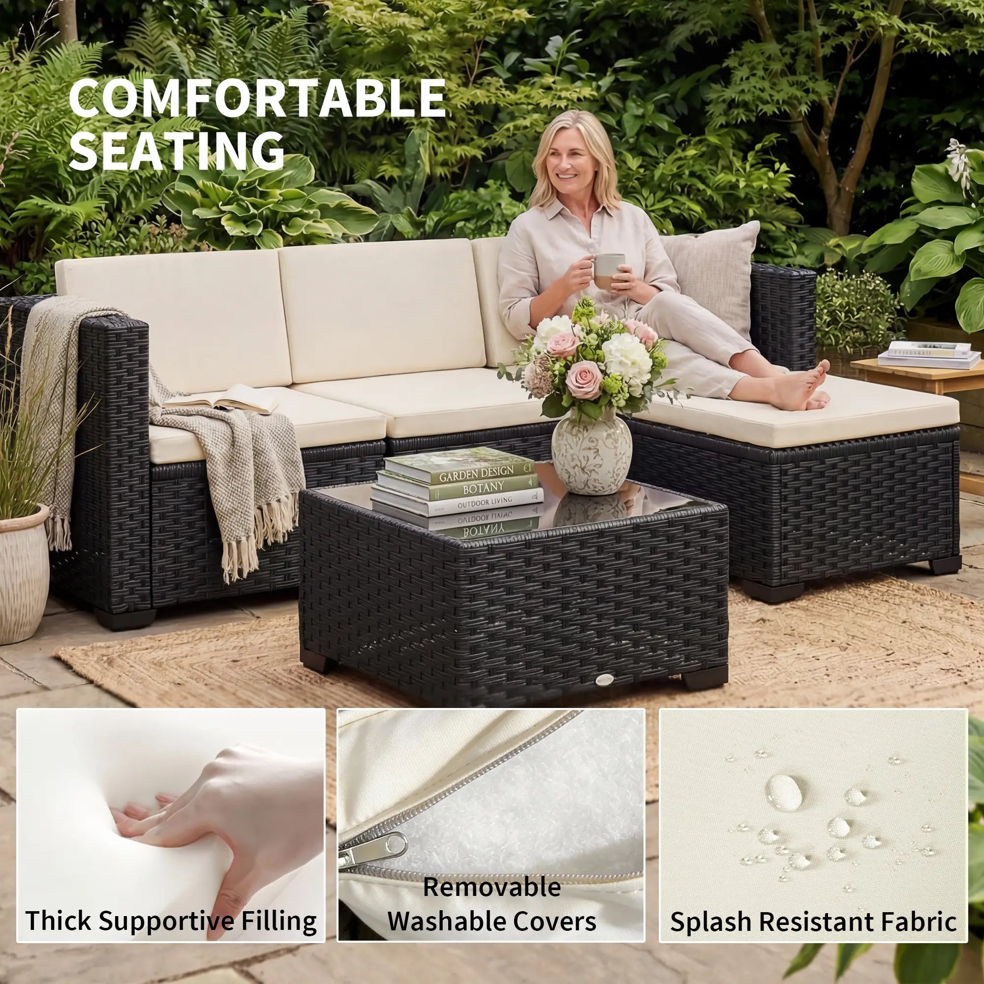 5 Piece L-Shape Patio Set, Wicker Sectional, Cream Patio Furniture Sets at Gallery Canada