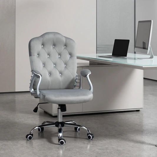 Velvet Office Chair, Button Tufted Desk Chair, Adjustable Height, Grey