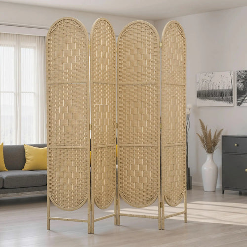 Bohemian Privacy Screen, 4 Panel Folding Room Divider, Arched Top, Natural Wood