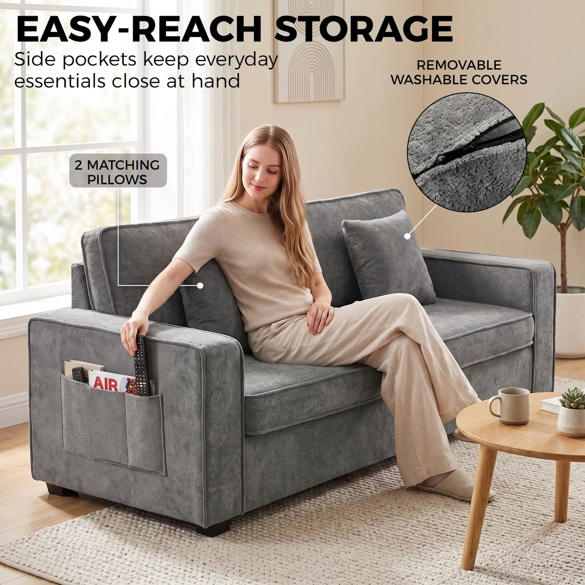 3 Seater Sofa, Thick Cushion, Grey, 2 Pillows, Side Pockets 3-Seater Sofas at Gallery Canada