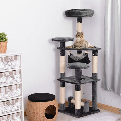 52" Multi-Level Cat Tree Tower, Kitten Scratcher Activity Center Play House with Hammock - Grey at Gallery Canada