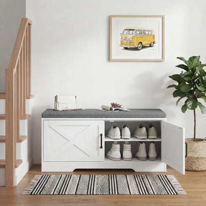 Shoe Bench With Cushion, Adjustable Shelves, Doors, White