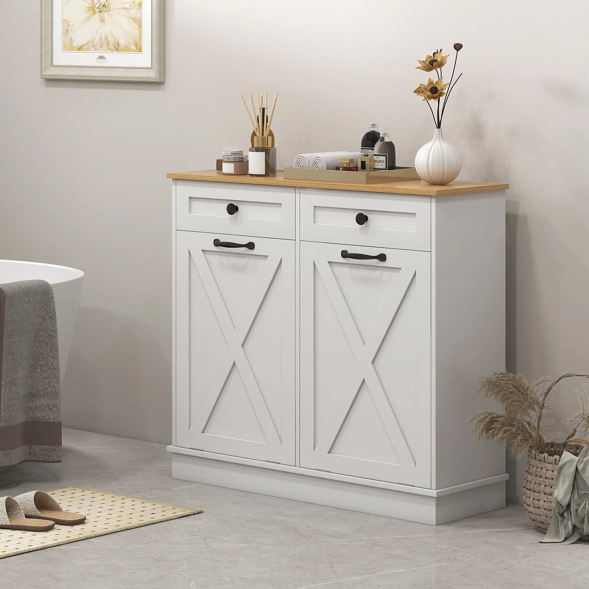 Tilt Out Laundry Cabinet, Bathroom Storage, 2 Baskets, 2 Drawers, White Bathroom Cabinets at Gallery Canada