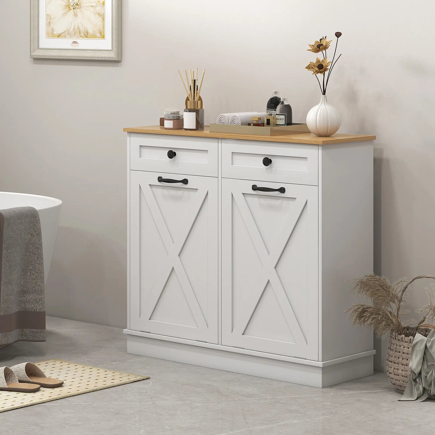 Tilt Out Laundry Cabinet, Bathroom Storage, 2 Baskets, 2 Drawers, White Bathroom Cabinets at Gallery Canada