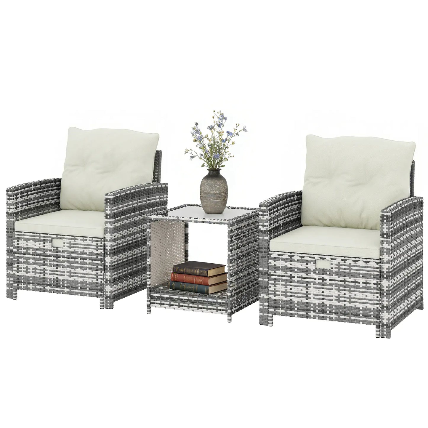 5 Piece Patio Furniture Set, Wicker Chairs With Ottomans, 2-Tier Glass Coffee Table, Grey/Cream White Patio Furniture Sets Mixed Grey, Cream White, Black at Gallery Canada