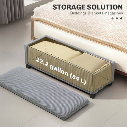44 Inches Ottoman with Storage, Lid, Legs, Corduroy Bench, Light Grey Storage Ottomans & Benches at Gallery Canada