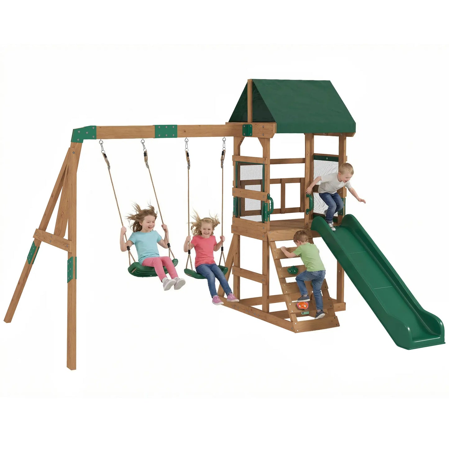 Wood Swing Set With Slide, 2 Swings, Rock Wall, Covered Deck Gym Sets & Swings at Gallery Canada