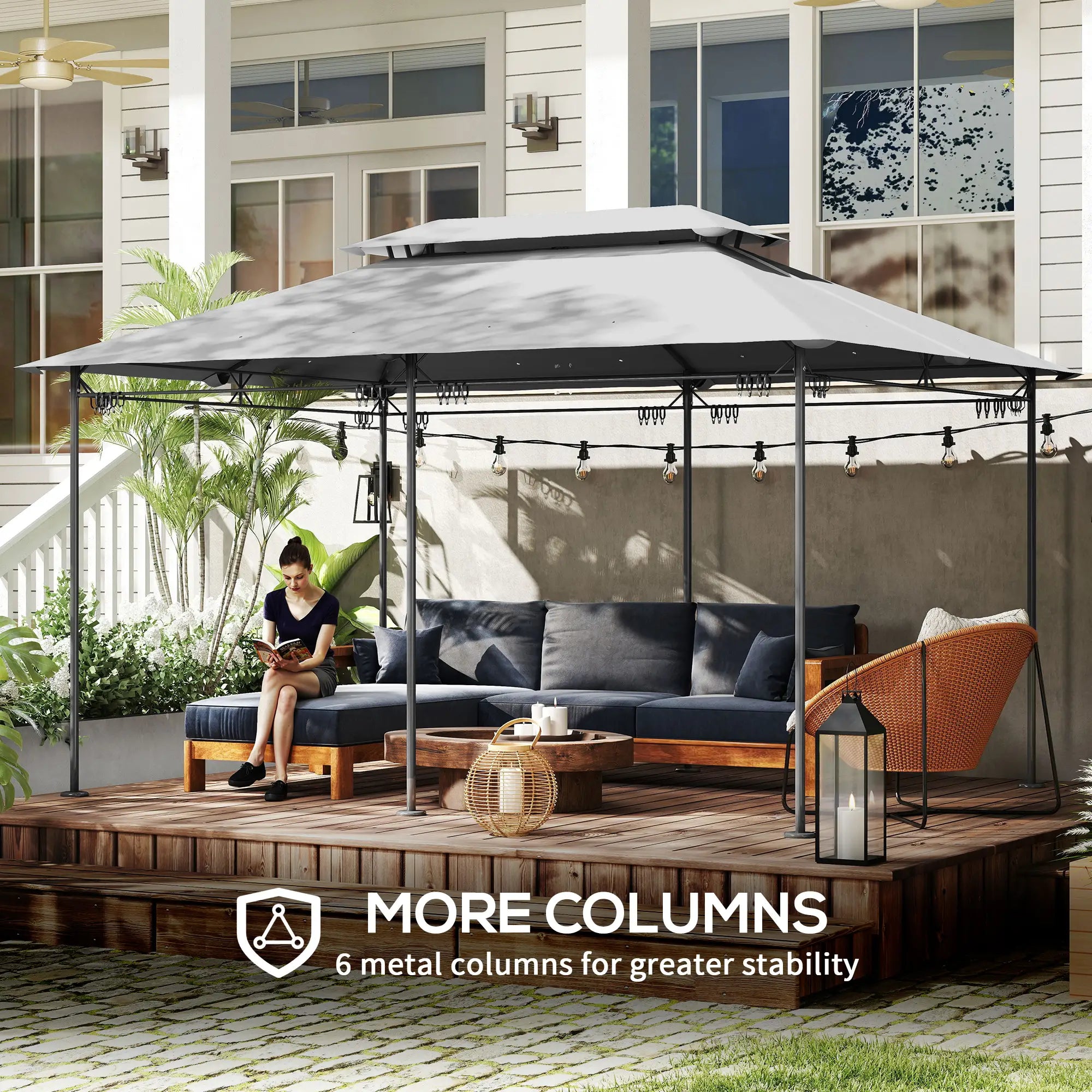 10' x 13' Double Roof Patio Gazebo, Outdoor with Curtains, Dark Grey Gazebos at Gallery Canada