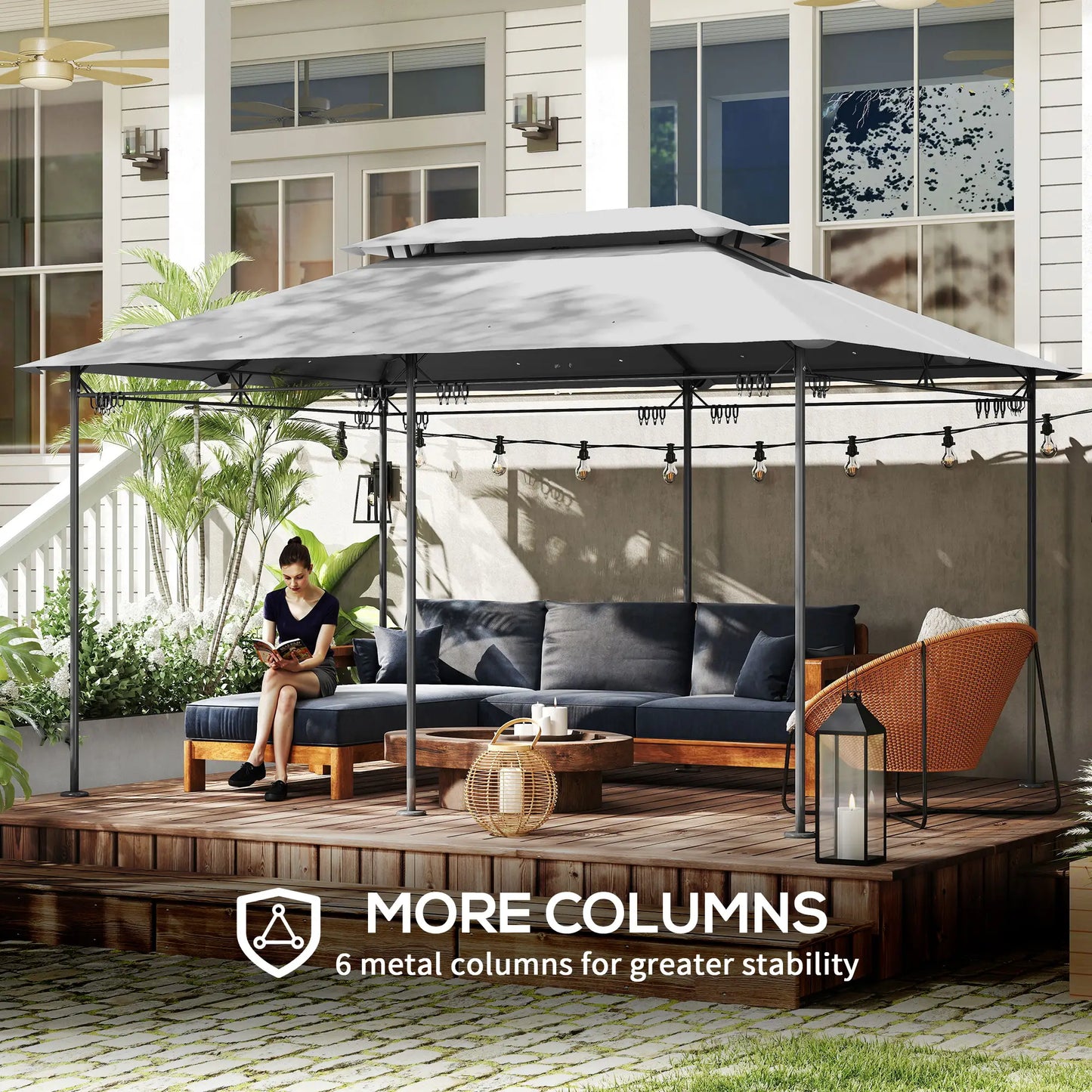 10' x 13' Double Roof Patio Gazebo, Outdoor with Curtains, Dark Grey Gazebos at Gallery Canada