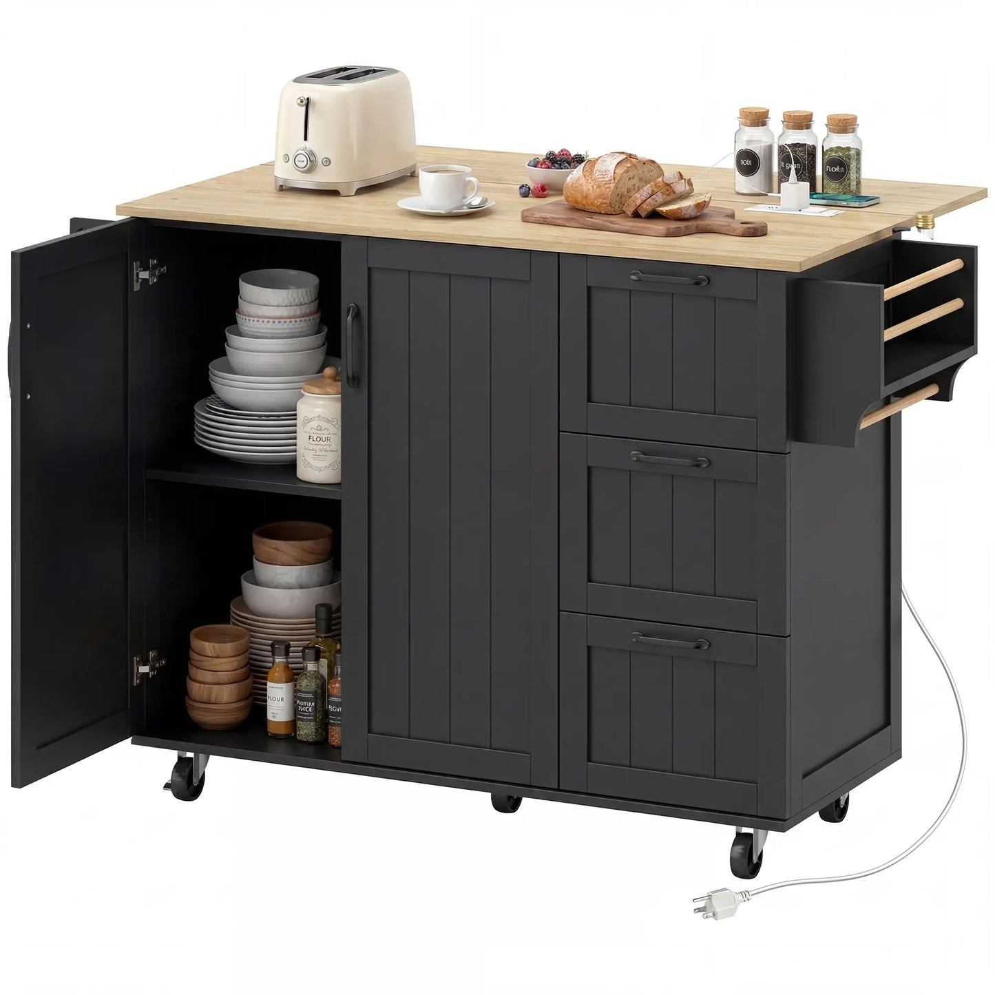 Kitchen Island with Drop Leaf, Rolling Cart, Power Outlet, Black Kitchen Islands & Kitchen Carts at Gallery Canada