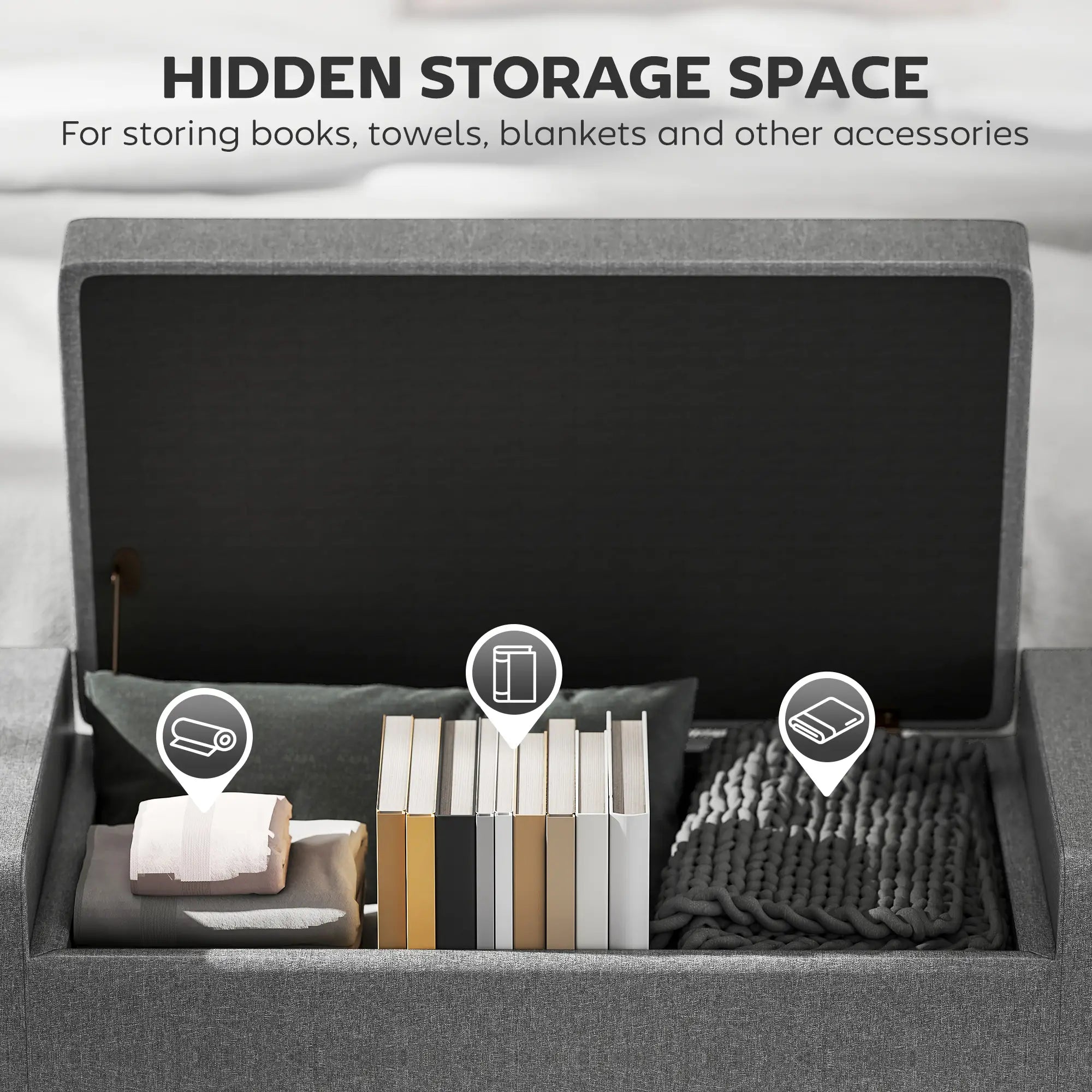 Storage Ottoman Bench, Tufted Linen Fabric, Flipping Top, Grey Storage Ottomans & Benches at Gallery Canada