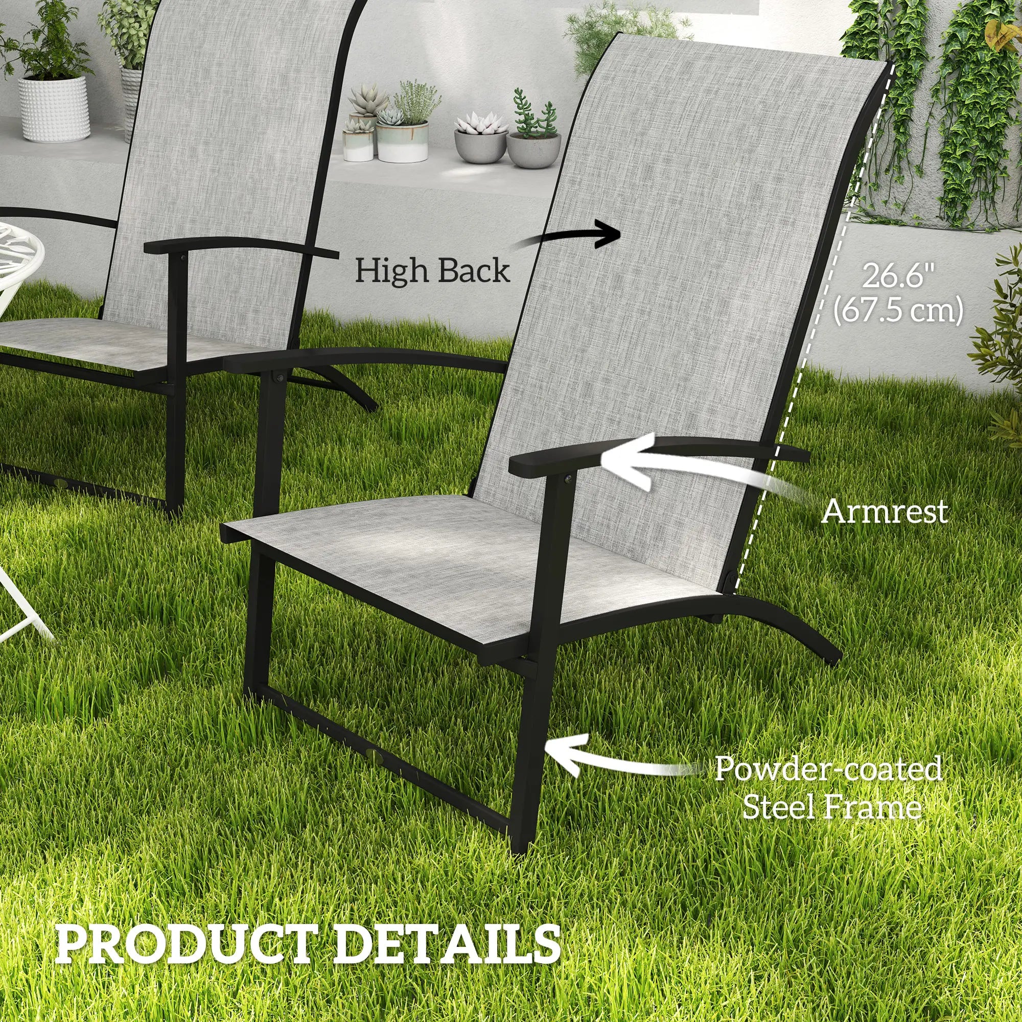Set of 2 Folding Lawn Chairs, Outdoor with Armrests, High Backrest, Grey Patio Chairs at Gallery Canada