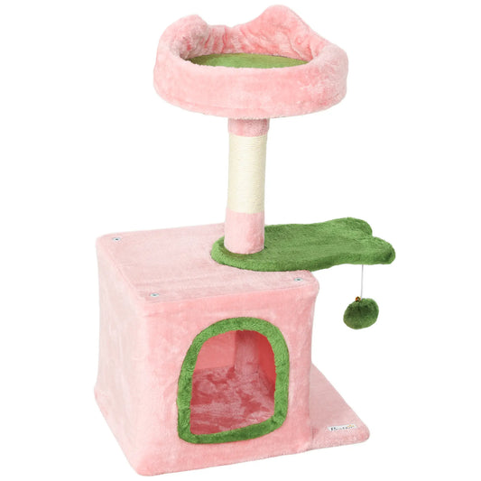 28 Inch Cat Tree Tower with Plush Bed, Condo, Scratching Post, Pink & Green Cat Posts Pink, Green at Gallery Canada