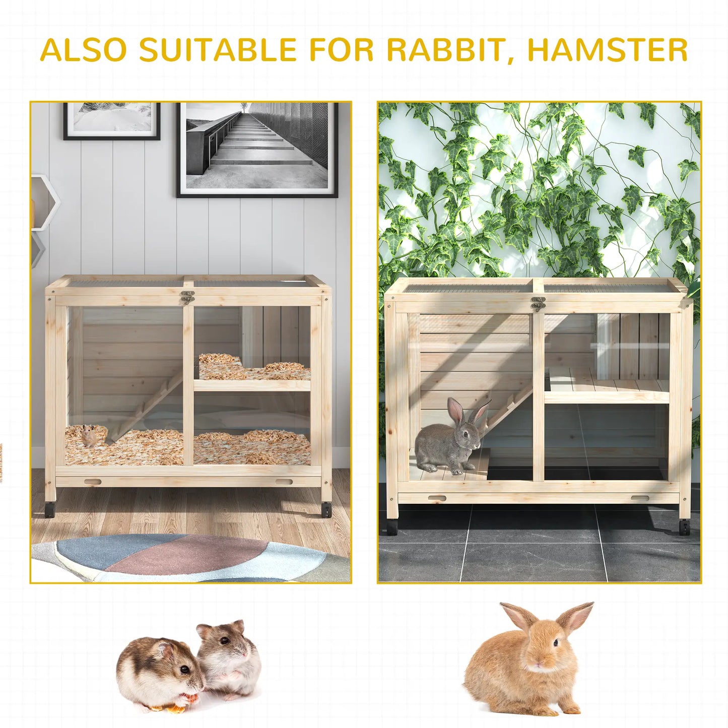 Indoor Rabbit Hutch with Wheels, Guinea Pig Cage, Top Access, Ramp, Pull Out Tray, Natural Wood Rabbit Hutch at Gallery Canada