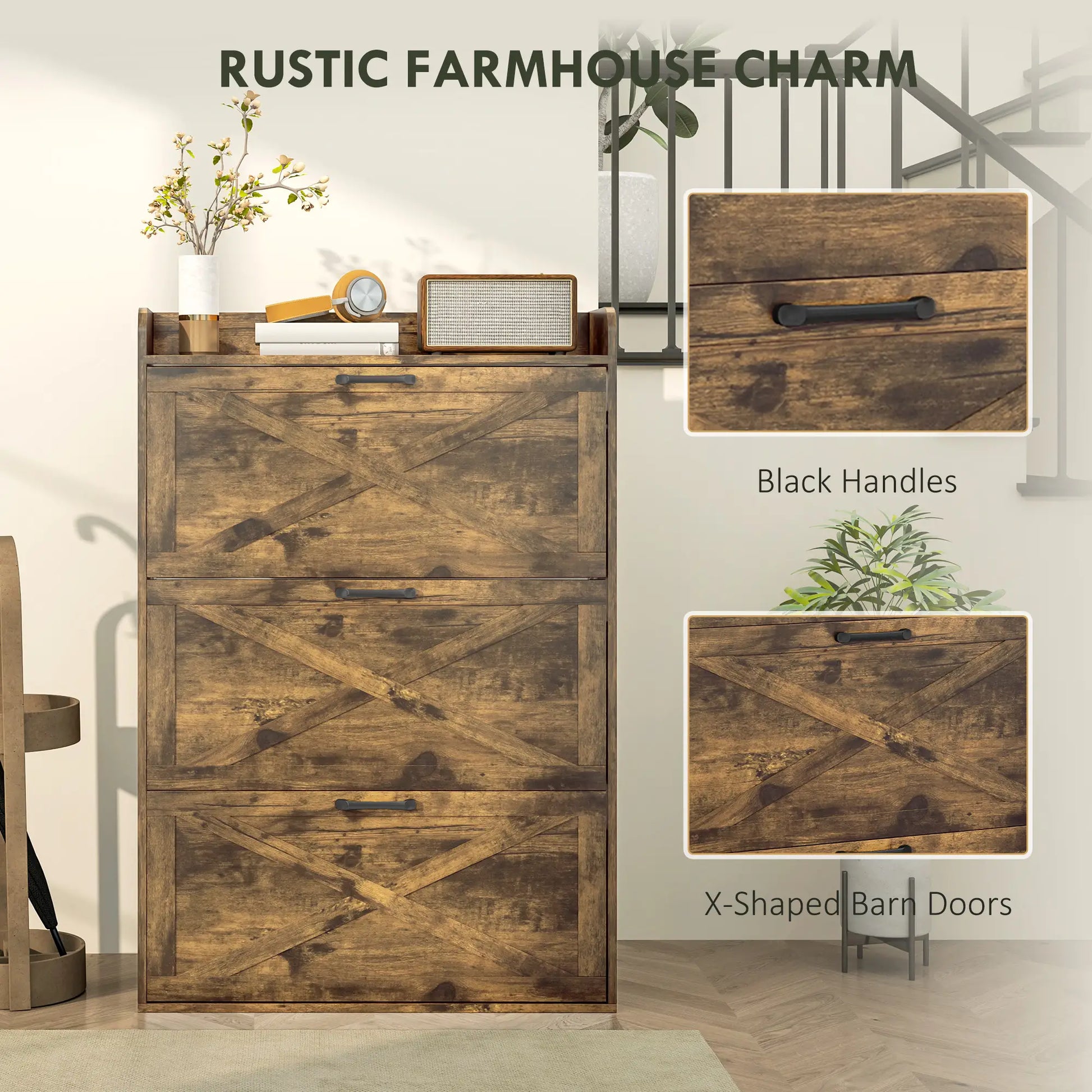 Narrow Shoe Storage Cabinet, 3 Flip Drawers, Adjustable Shelves, Rustic Brown Shoe Storage Cabinets & Racks at Gallery Canada