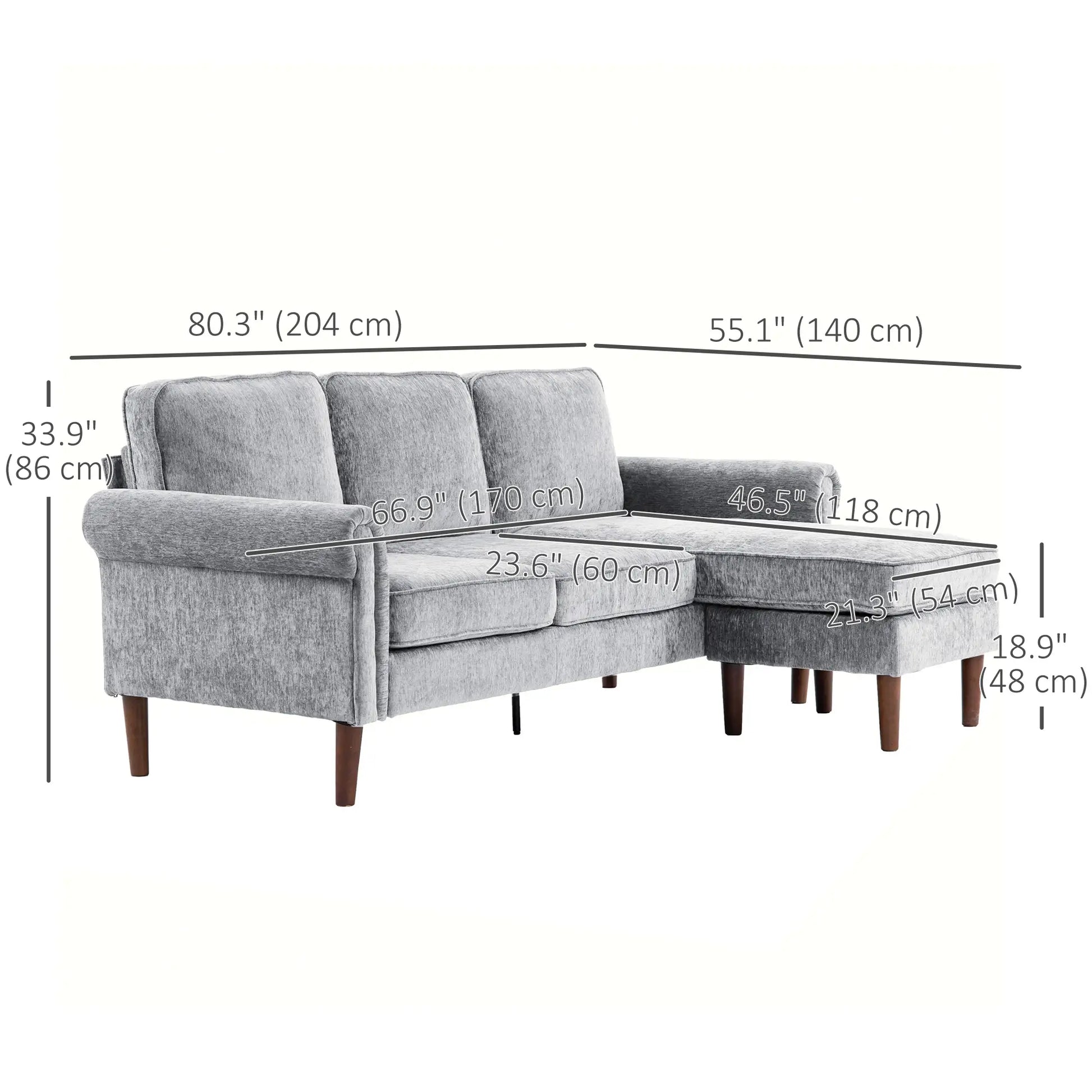 L Shape Sofa, Modern Sectional Couch, Chaise Lounge, Wooden Legs, Grey 3-Seater Sofas at Gallery Canada