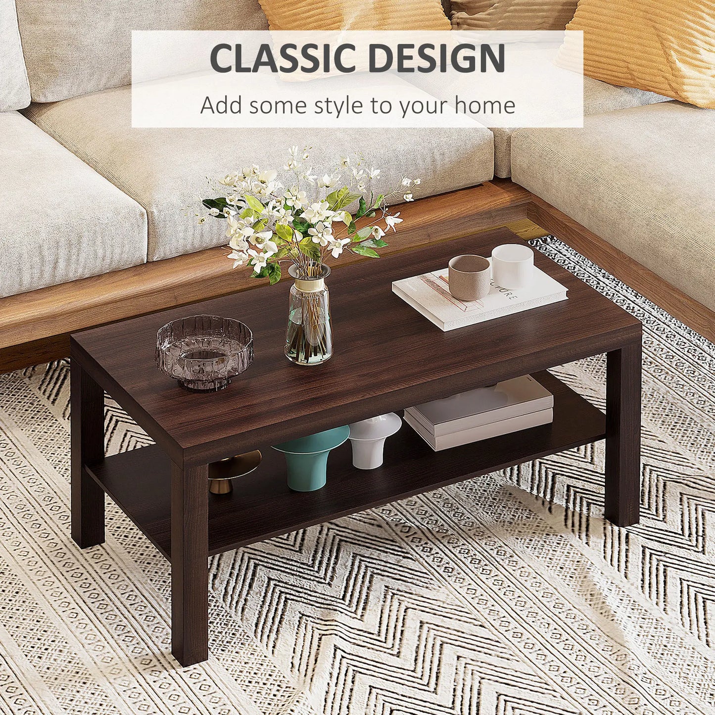 2 Tier Coffee Table with Storage Shelf, Rectangular Center Table for Living Room, Home Office Furniture Walnut Coffee Tables at Gallery Canada