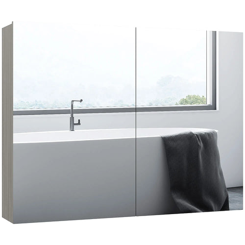 Wall-Mounted Bathroom Mirror Cabinet, Double Doors, Adjustable Shelf, Grey
