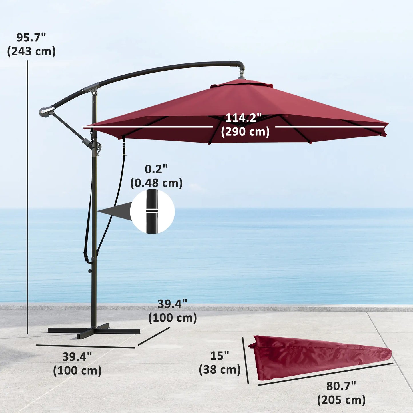 9.5' Cantilever Umbrella, Wind Protection, Crank, Cross Base, UPF 50+, Red Offset Cantilever Umbrellas at Gallery Canada
