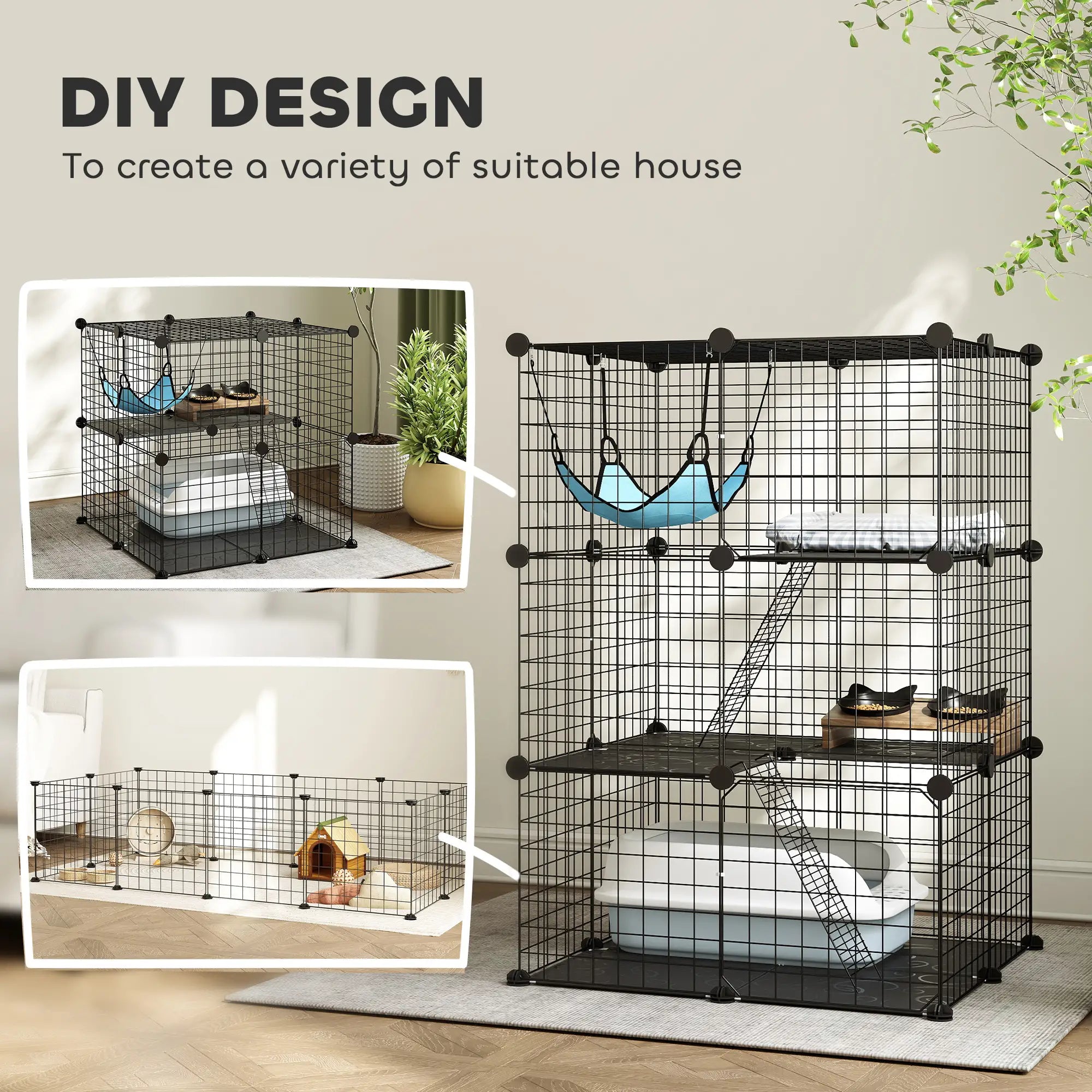3 Tier Cat Cage Crate, DIY Pet Playpen, Black Outdoor Cat Enclosures at Gallery Canada