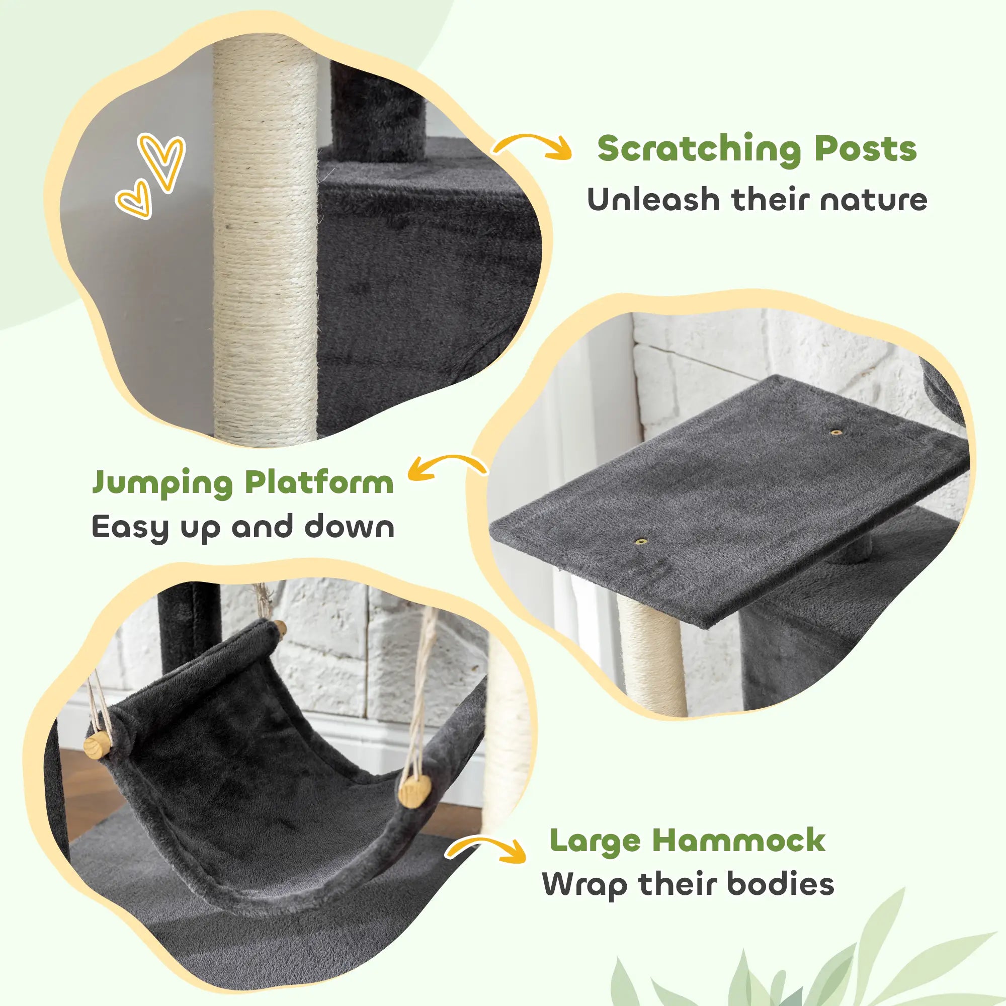 66 Inch Large Cat Tree, 2 Door Condos, 3 Hammocks, Plush Perch, Sisal Posts, Dark Grey Cat Trees at Gallery Canada