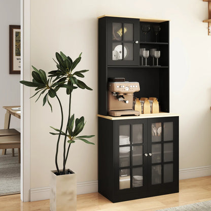 Buffet de cuisine avec armoire, 3 armoires, 2 étagères, noir