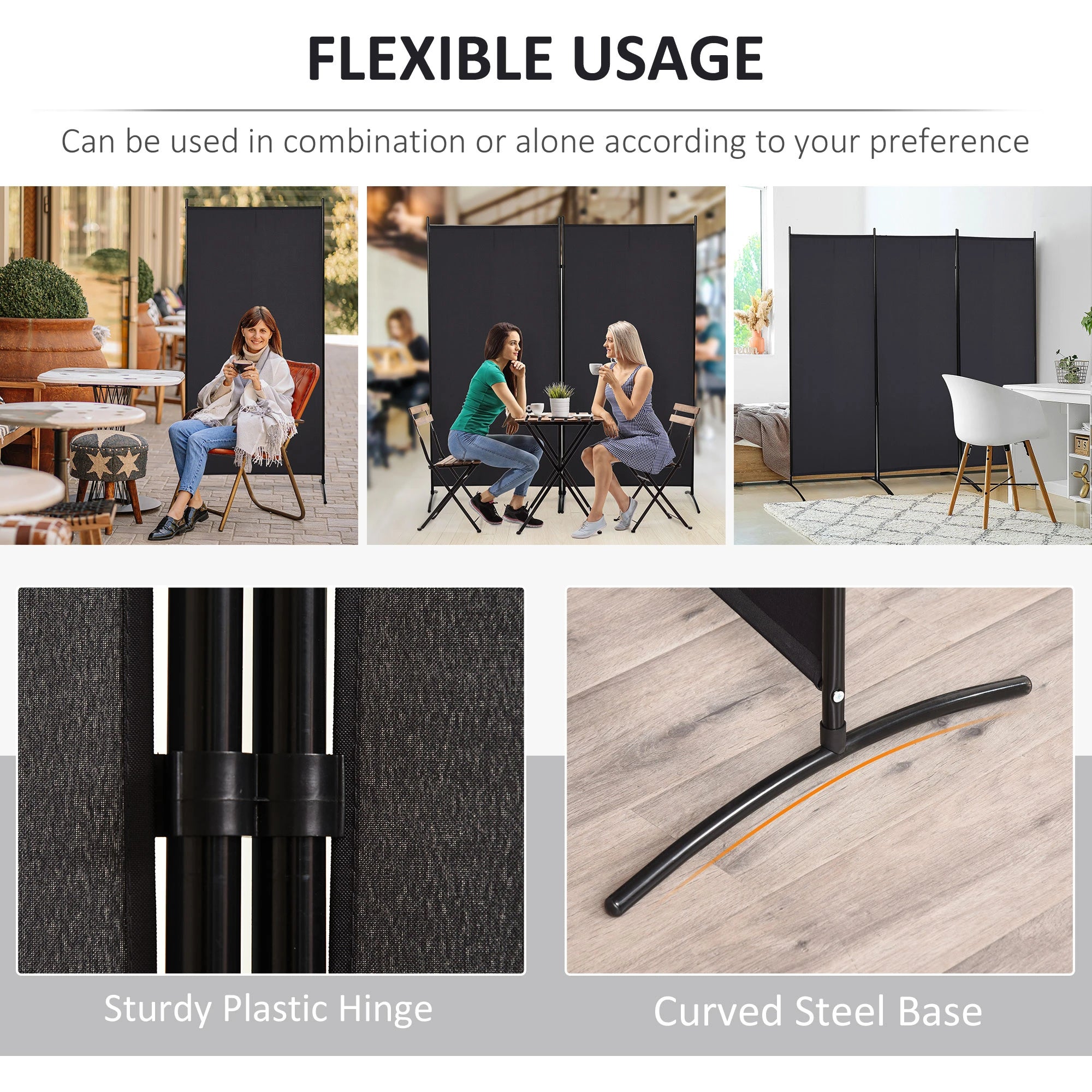 6' 3 Panel Room Divider, Double Hinged, Indoor Privacy Screen, Black Room Dividers at Gallery Canada