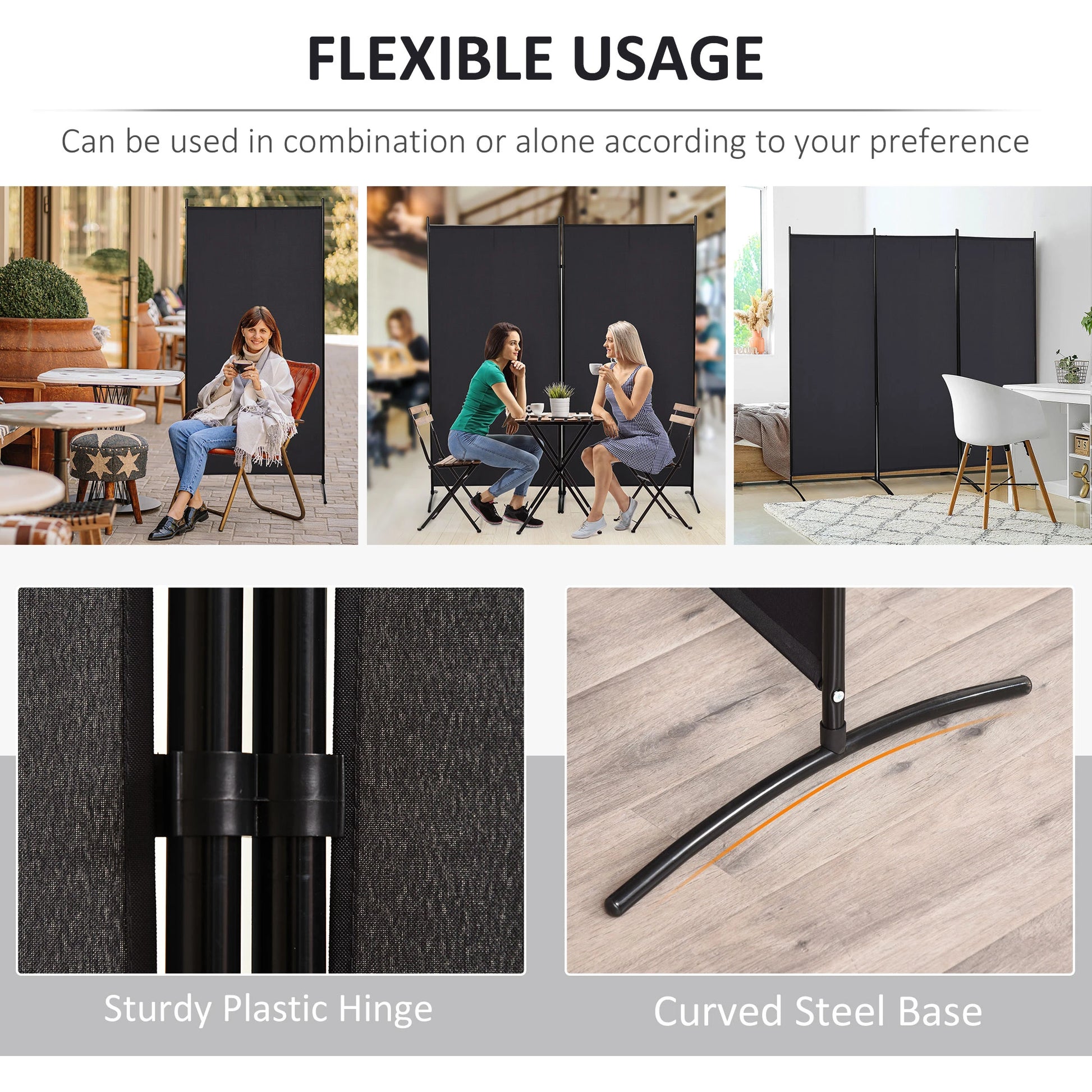 6' 3 Panel Room Divider, Double Hinged, Indoor Privacy Screen, Black Room Dividers at Gallery Canada