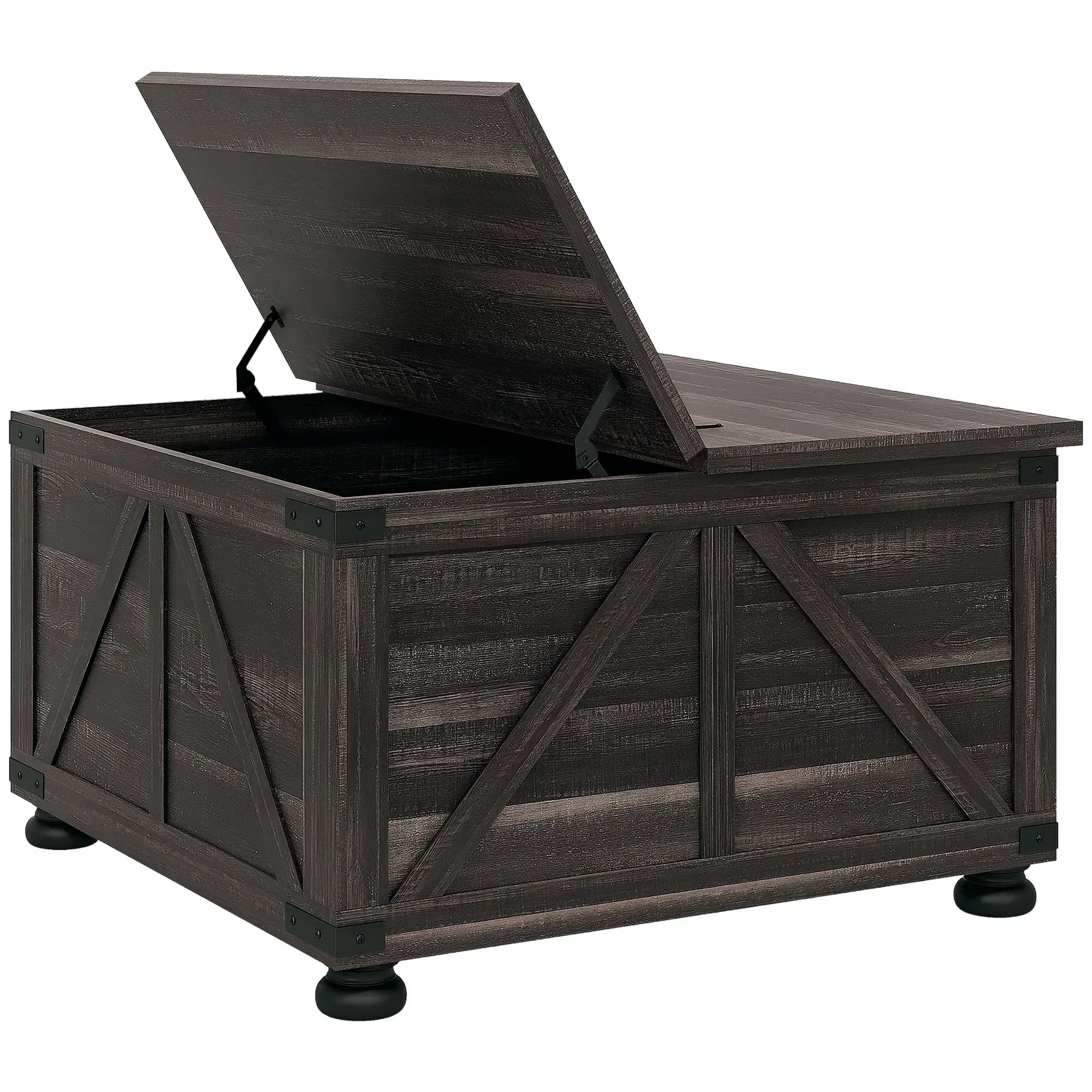 Farmhouse Coffee Table, Square Flip-Top Lid, Hidden Storage, Distressed, Brown Coffee Tables at Gallery Canada