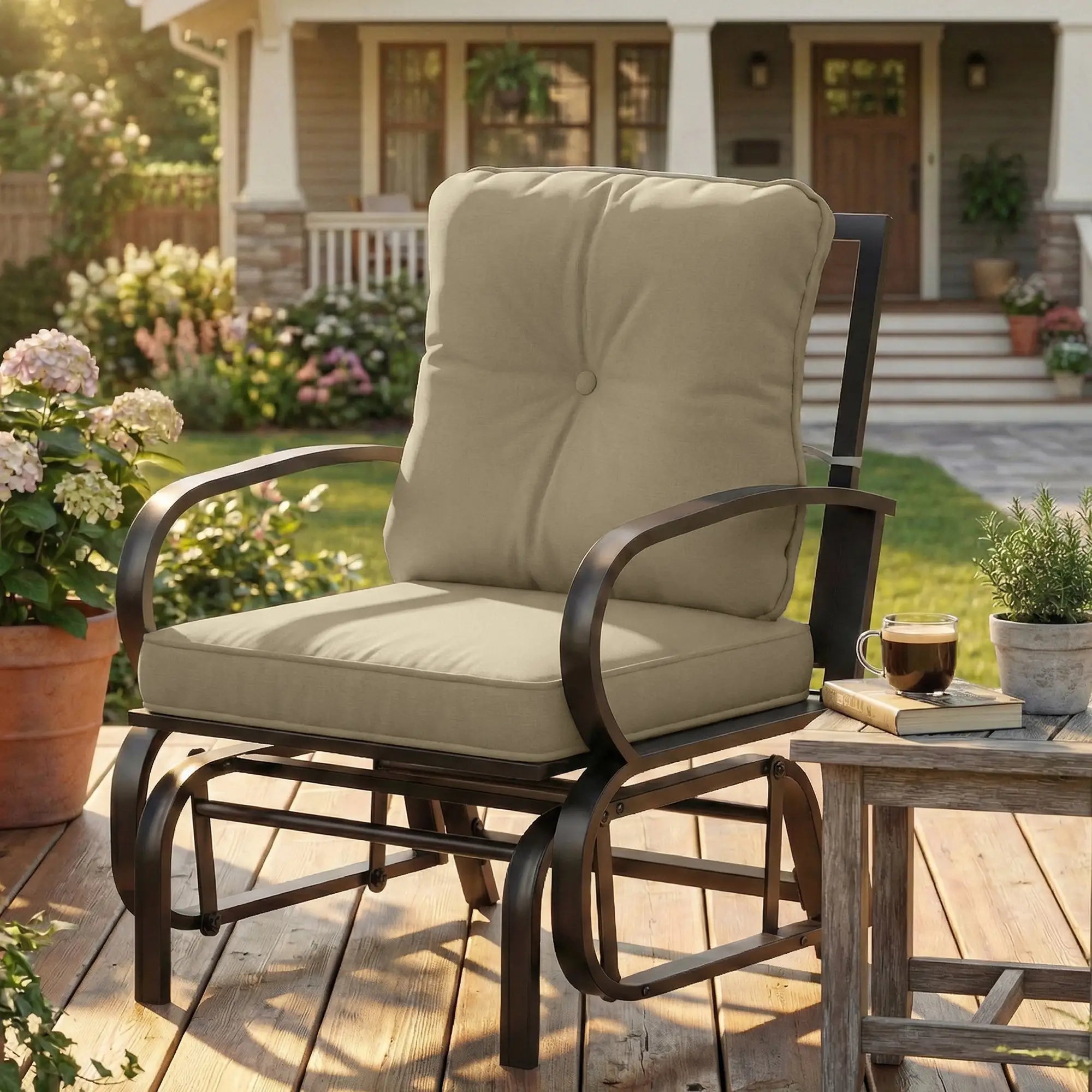 Patio Glider Chair With Cushions, Steel Frame, Curved Armrests, Beige Outdoor Gliders at Gallery Canada