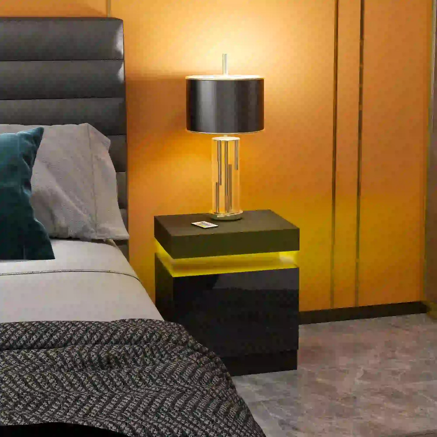Nightstand, Bedside Table with LED Lights, 2 Drawers, Black Bedside Tables at Gallery Canada