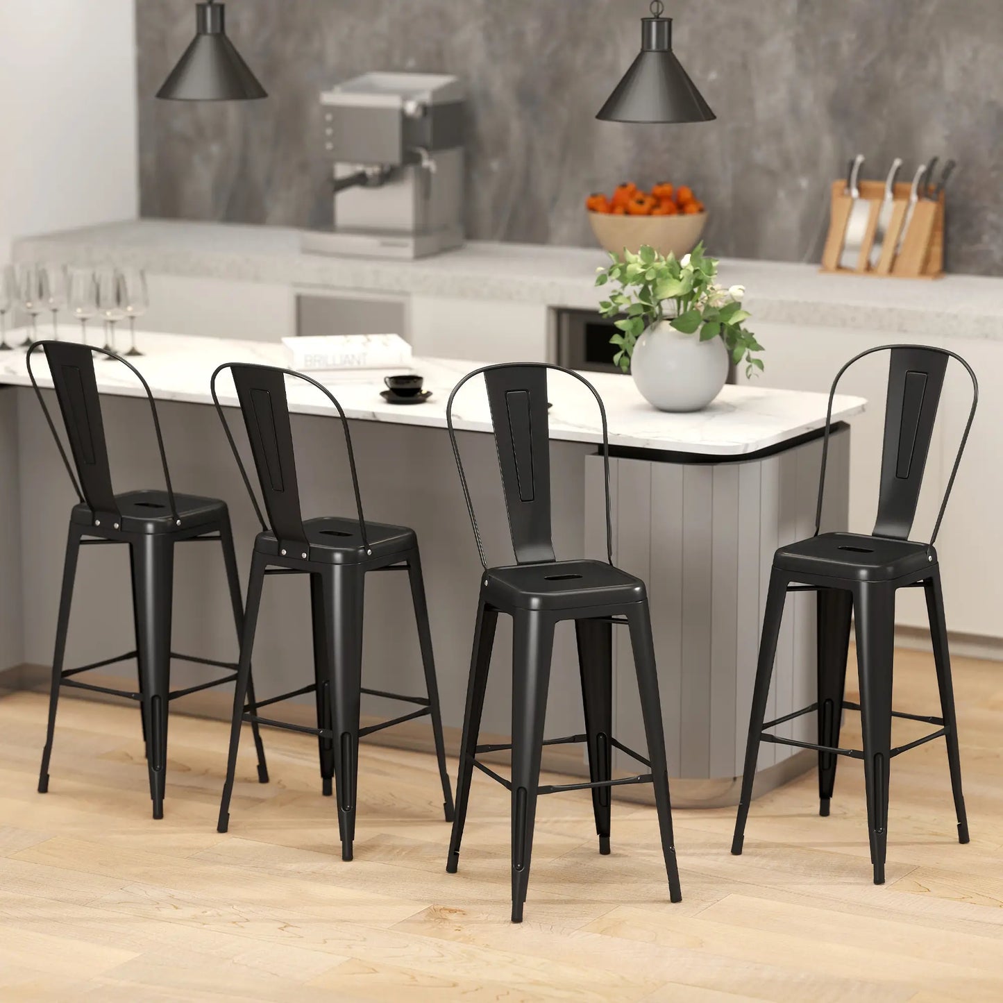 24 Inch Bar Stools, Set of 4, Industrial Kitchen, Black Metal Frame, Black Bar Stools at Gallery Canada