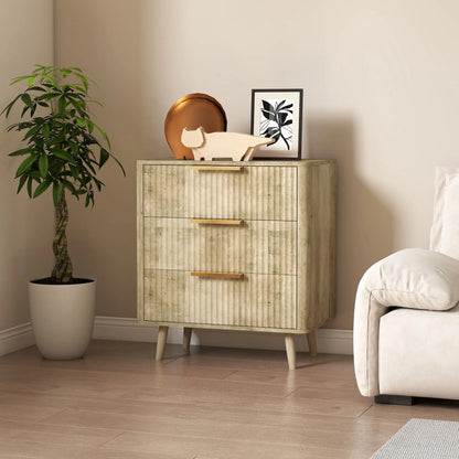 Fluted Chest of Drawers, Modern 3 Drawer Dresser with Pine Wood Legs, Oak Storage Cabinets at Gallery Canada