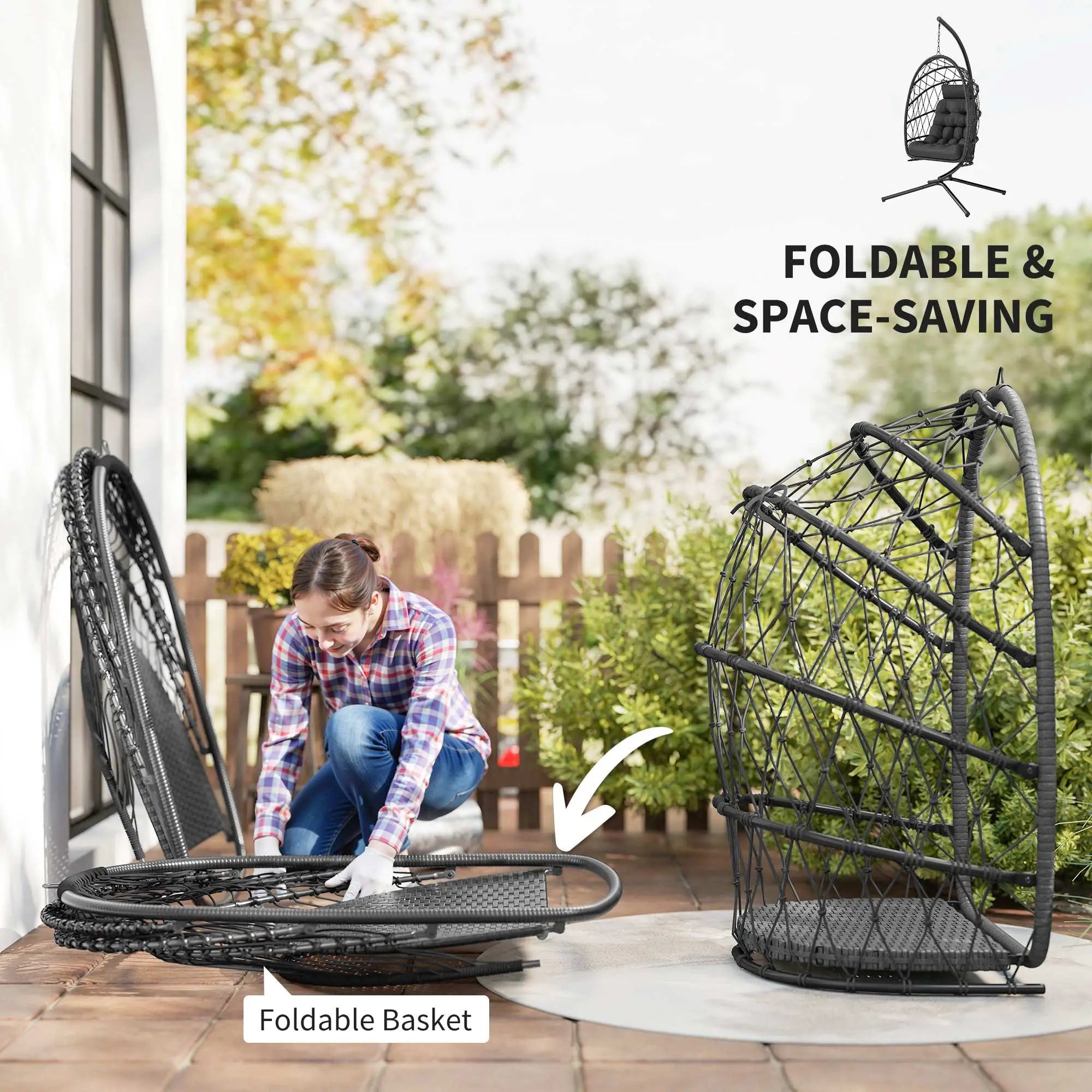 Hanging Egg Chair With Stand, Foldable Wicker Rattan Swing, Thick Cushion, Black Patio Swings with Stand at Gallery Canada