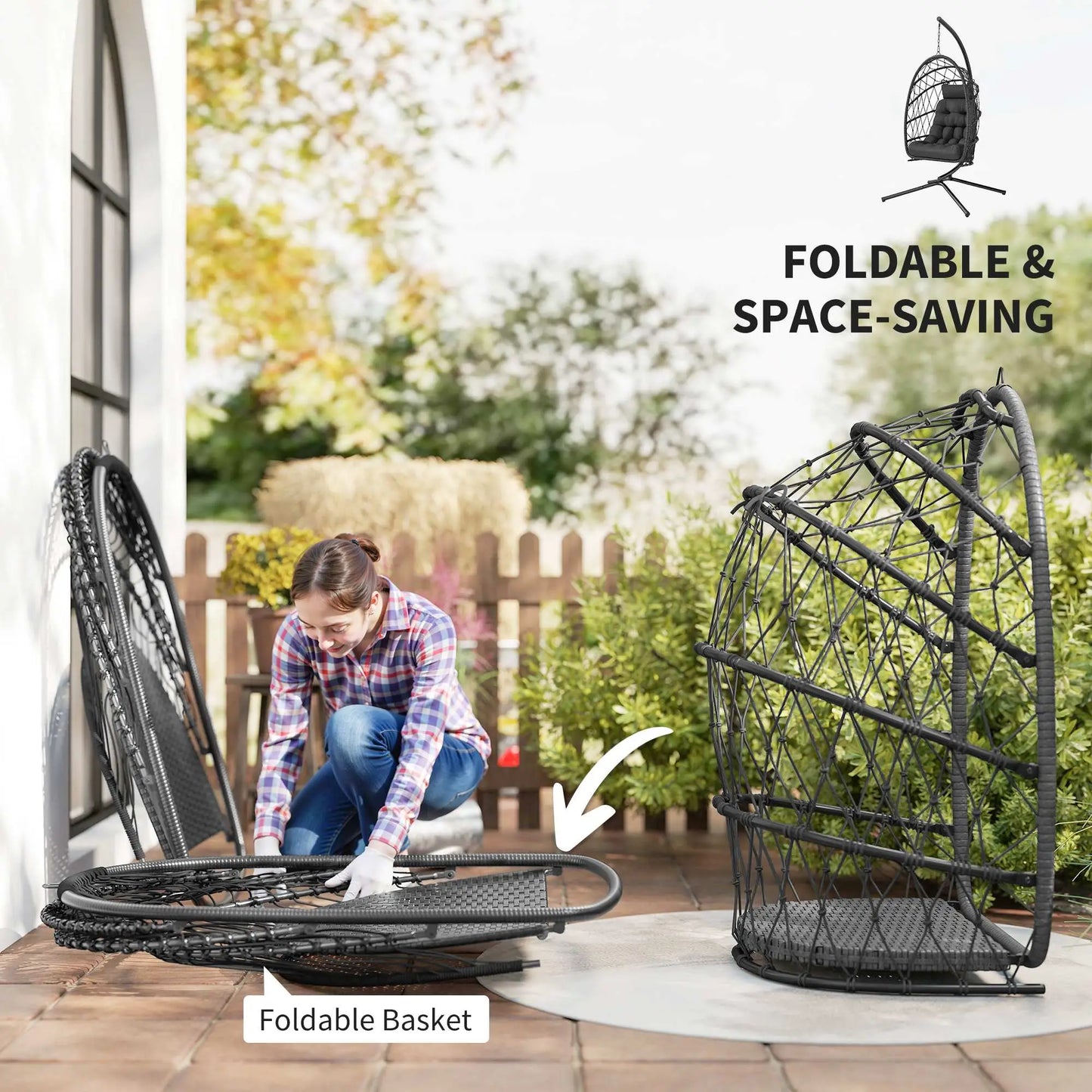 Hanging Egg Chair With Stand, Foldable Wicker Rattan Swing, Thick Cushion, Black Patio Swings with Stand at Gallery Canada