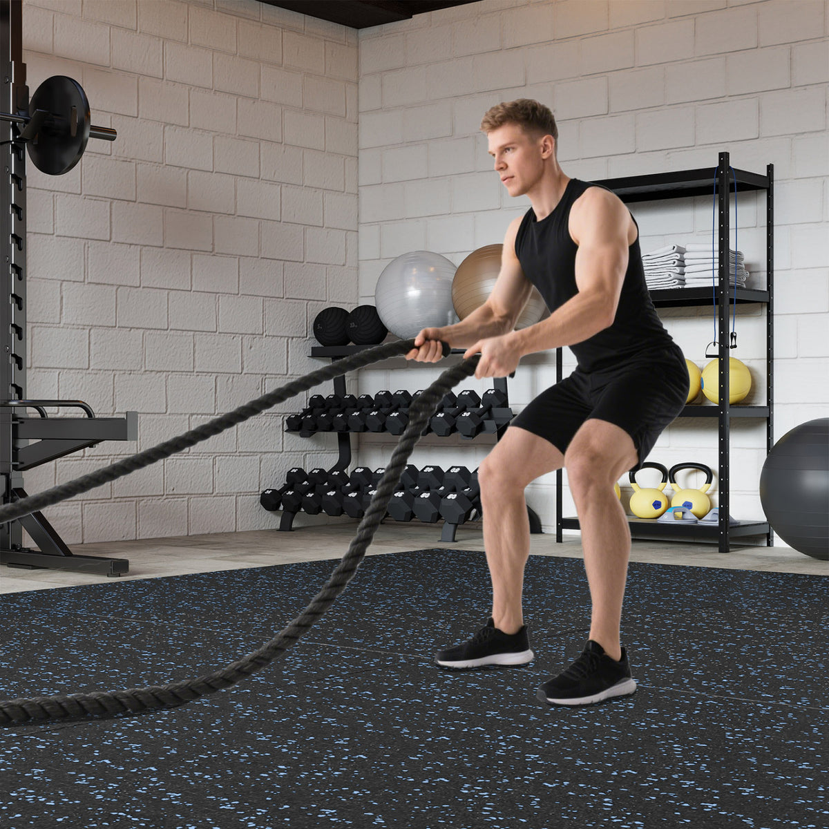 0.79 inch Set of 2 Thick Rubber Top Exercise Mat 48 Sq Ft with Boarders, Black & Blue Decorative Fencing & Flooring at Gallery Canada