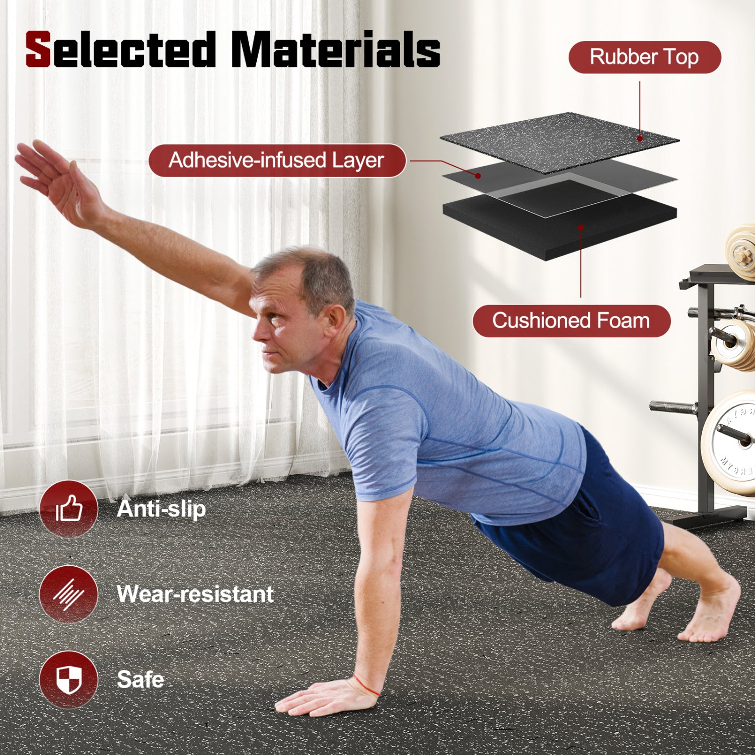 0.79 inch Thick Rubber Top Exercise Mat 48 Sq Ft with Boarders, Black Decorative Fencing & Flooring at Gallery Canada