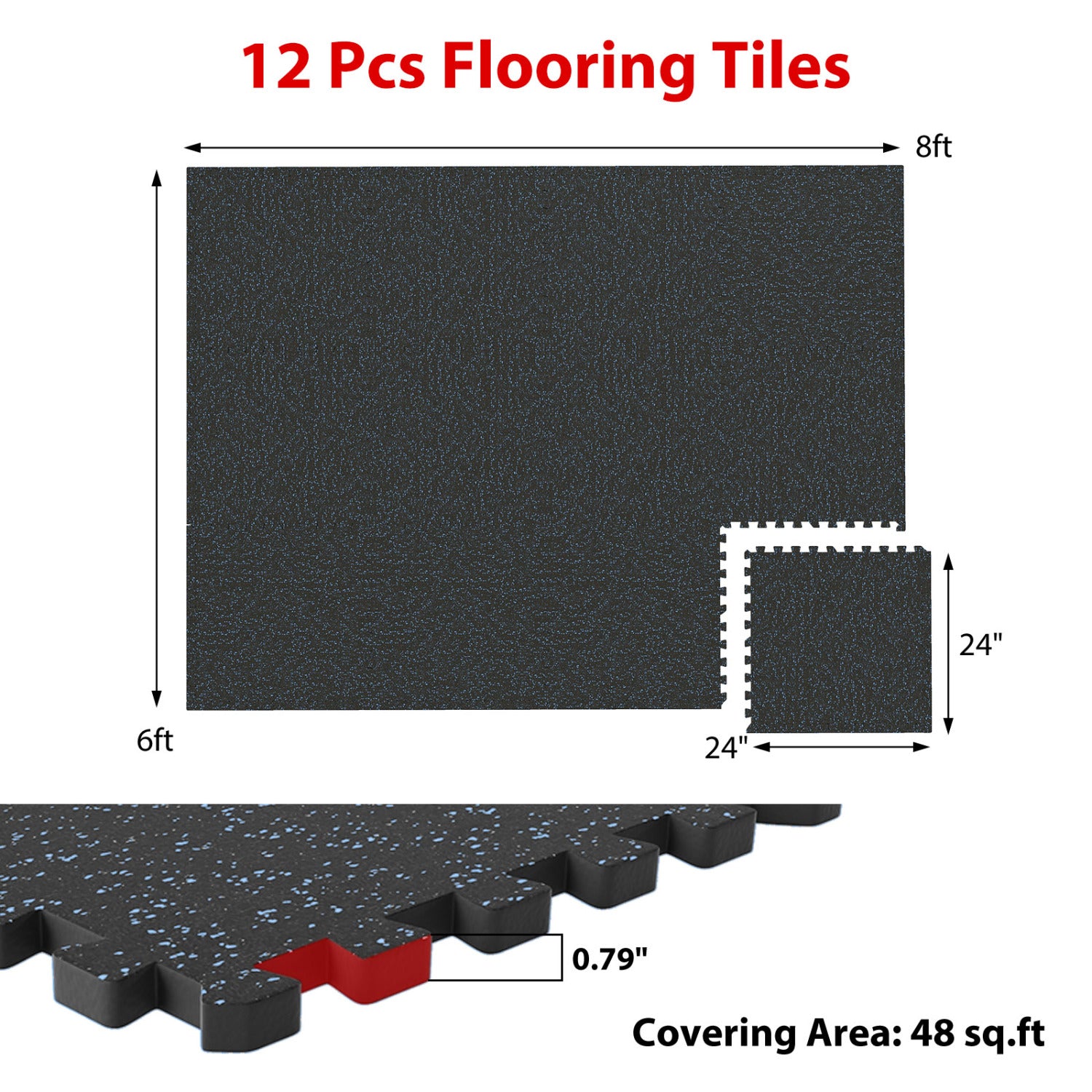 0.79 inch Thick Rubber Top Exercise Mat 48 Sq Ft with Boarders, Black & Blue Decorative Fencing & Flooring at Gallery Canada