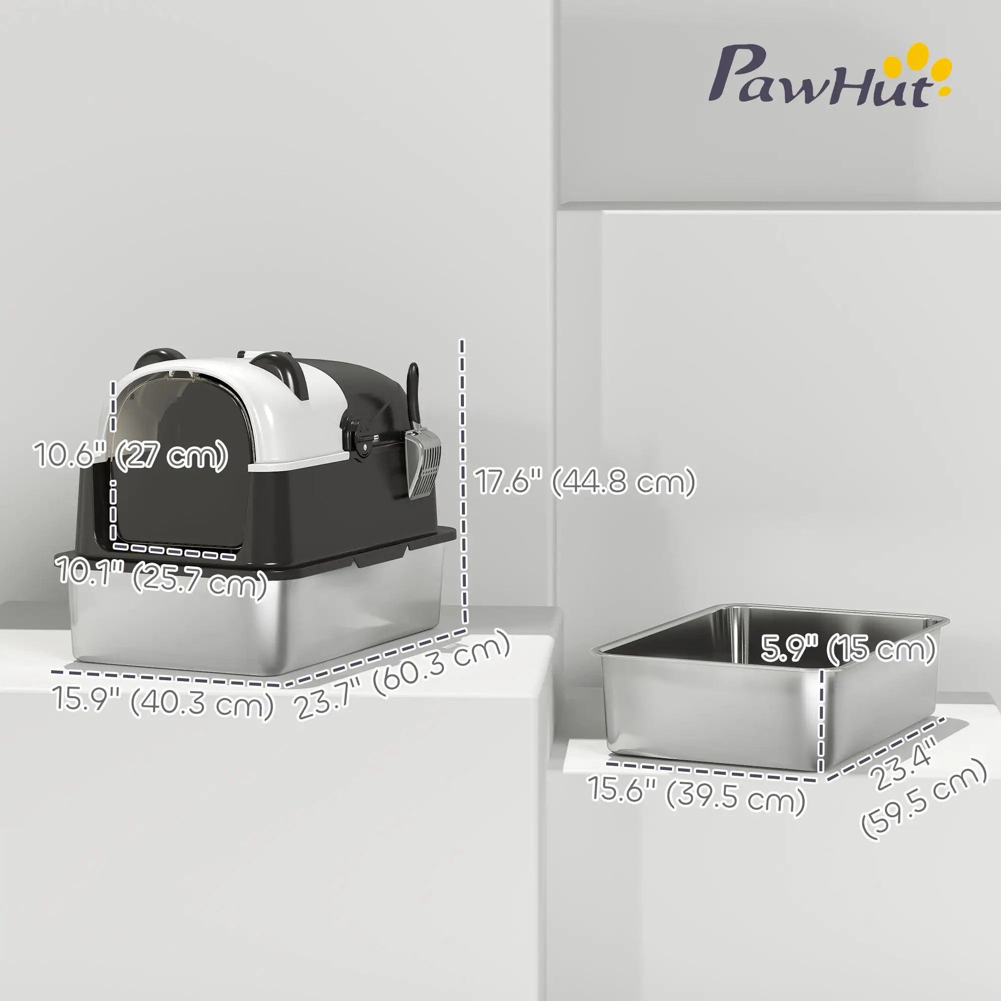 XL Stainless Steel Cat Litter Box with Lid, Scoop, 23.7