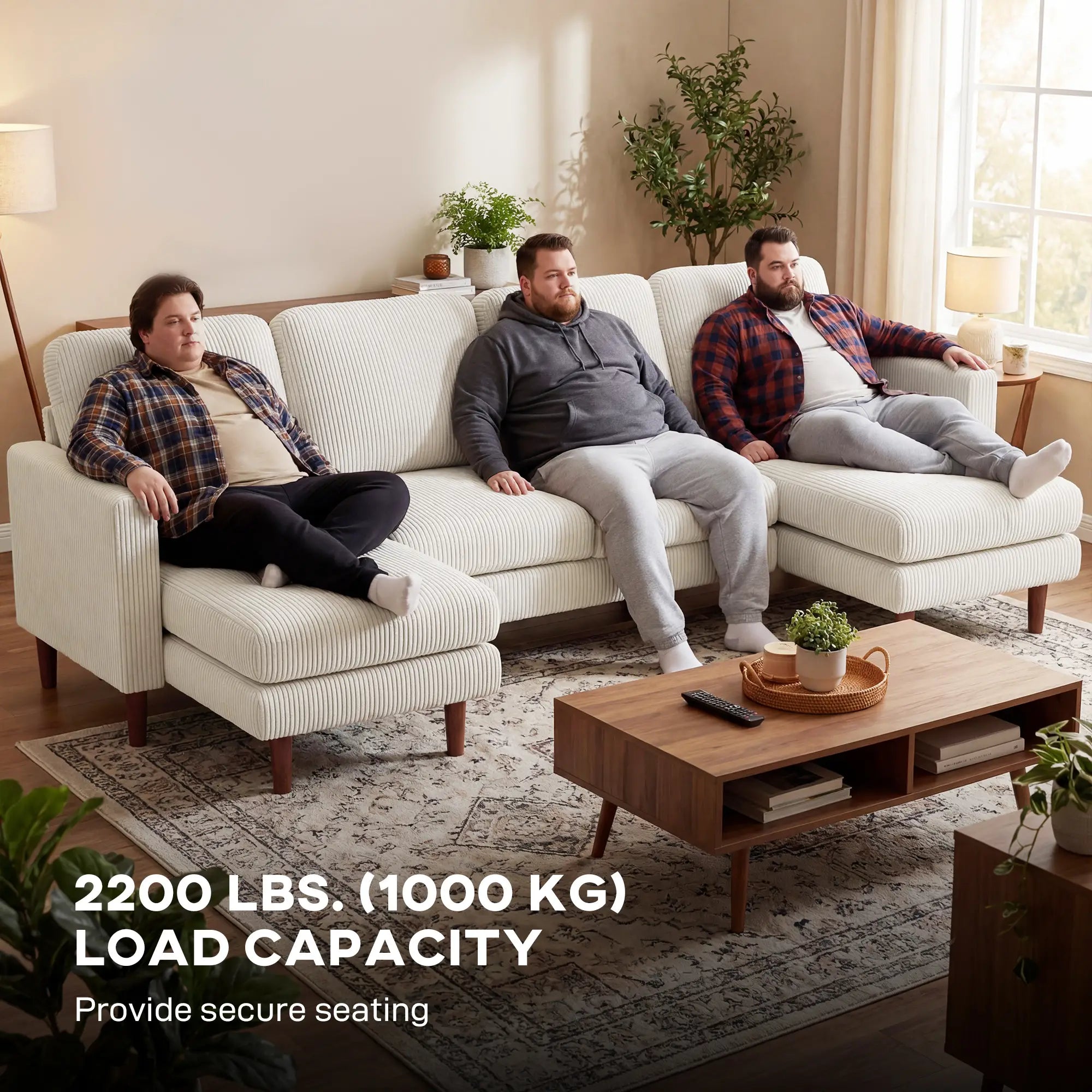 U Shaped Sectional Sofa, Corduroy, Double Chaise, Spring Cushions, 2200lb, Beige 3-Seater Sofas at Gallery Canada