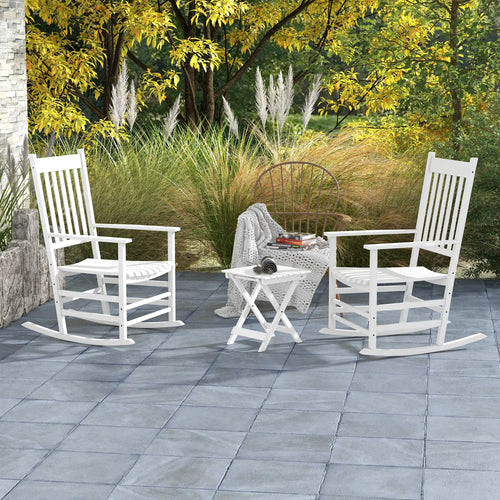 3 Pc Outdoor Rocking Chair Set, Wooden Patio Chairs with Table, White