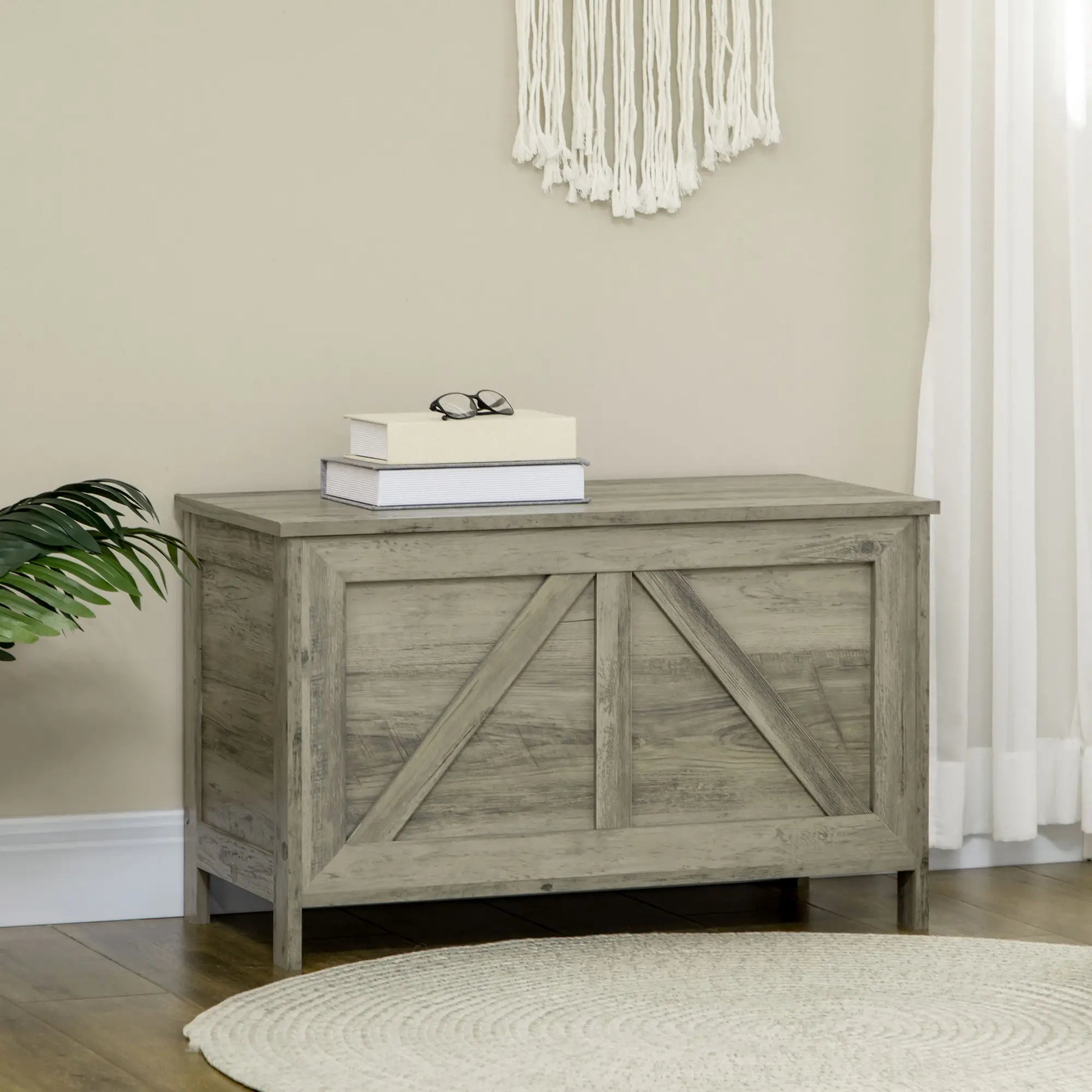 Farmhouse Storage Trunk Box, Safety Hinge, Grey Wood Grain, Grey Storage Cabinets at Gallery Canada