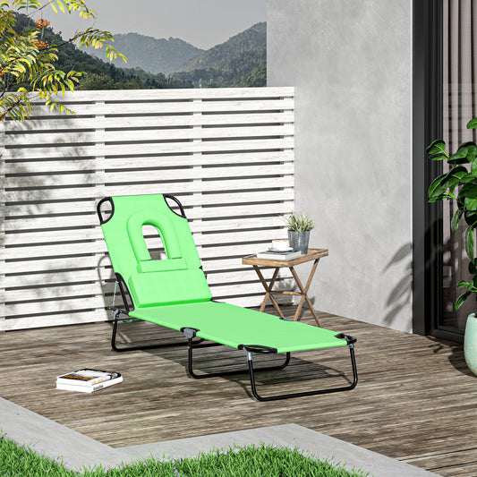 Adjustable Outdoor Lounge Chair, Garden Folding Chaise Lounge w/ Reading Hole Reclining Tanning Chair Seat, Folding Camping Beach Lounging Bed with Support Pillow, Green - Gallery Canada