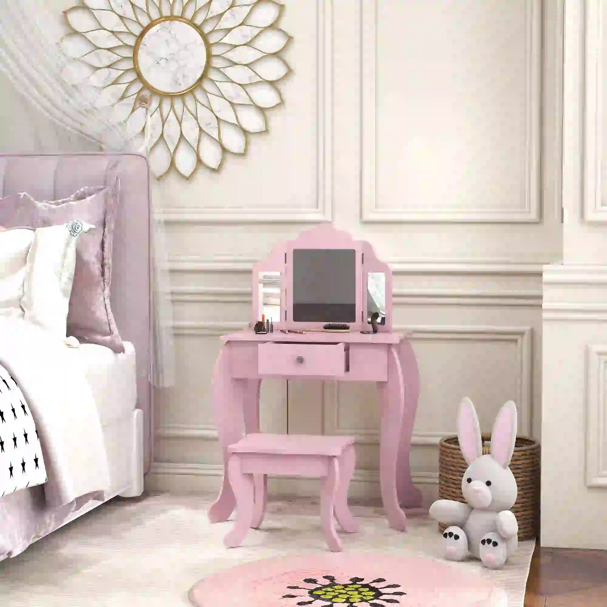 Kids Vanity Table and Stool, Makeup Set with Tri-Folding Mirrors, Pink Kids Bedroom Furniture at Gallery Canada