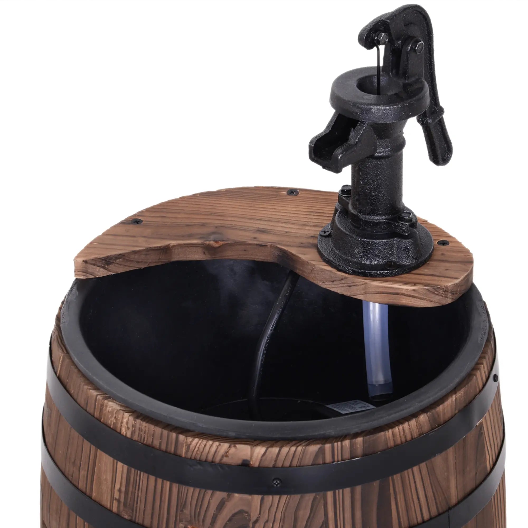 Wooden Outdoor Fountain, Electrical Barrel Waterfall, 3600r/min Pump, Carbonized Water Fountains at Gallery Canada