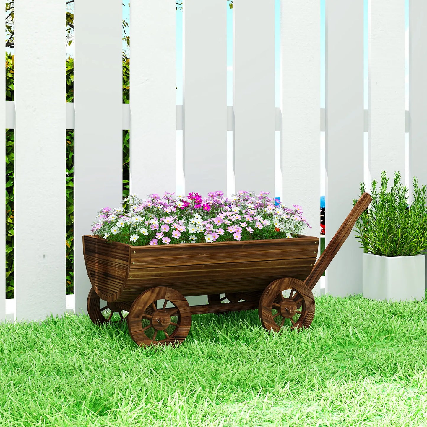 Wooden Wagon Planter Box, Mobile Garden Planter With 4 Wheels Raised Garden Beds at Gallery Canada